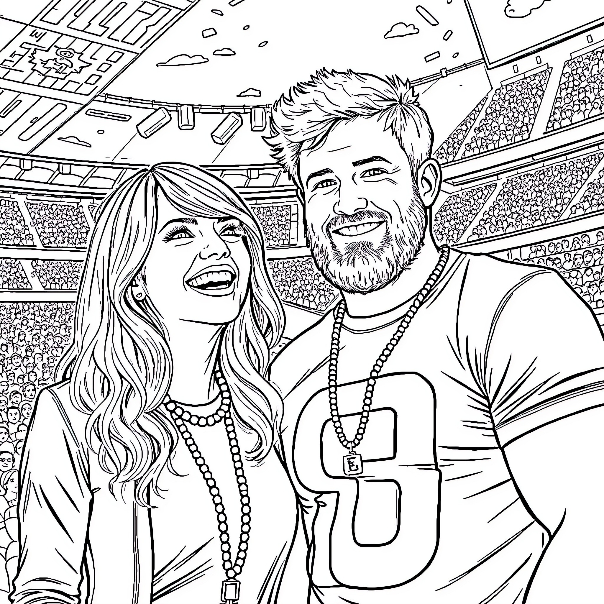 Taylor Swift and husband happily smiling at concert Coloring Page (free black-and-white line drawing printable PDF for all, from beginners to advanced learners, including children, teens, adults, and seniors)