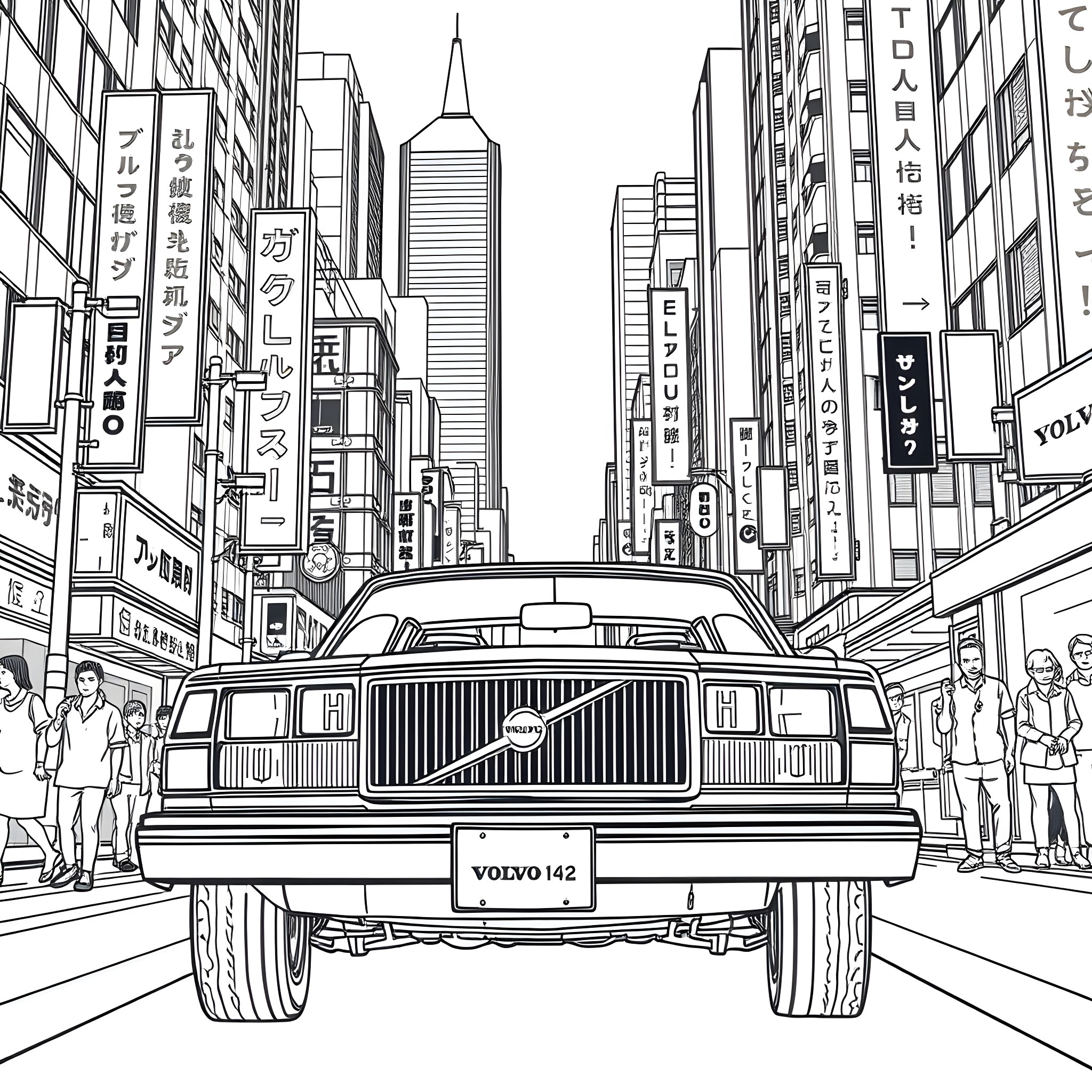Volvo car navigating bustling city streets Coloring Page (free black-and-white line drawing printable PDF for all, from beginners to advanced learners, including children, teens, adults, and seniors)