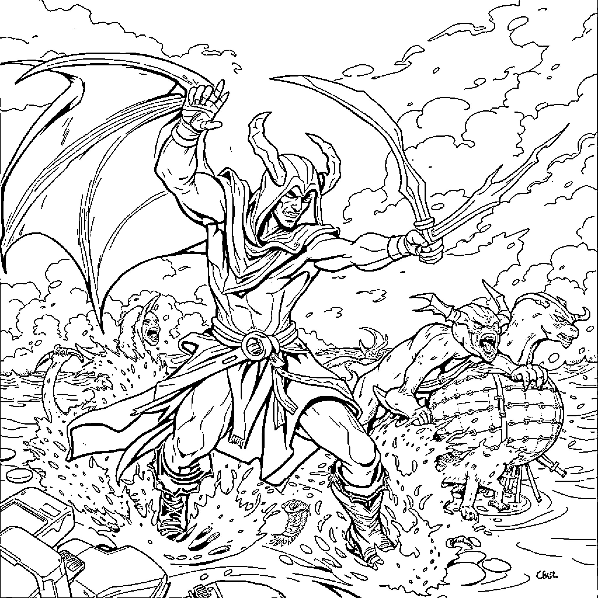 Demon Slayer Warrior Battling Fierce Creatures Coloring Page (free black-and-white line drawing printable PDF for all, from beginners to advanced learners, including children, teens, adults, and seniors)