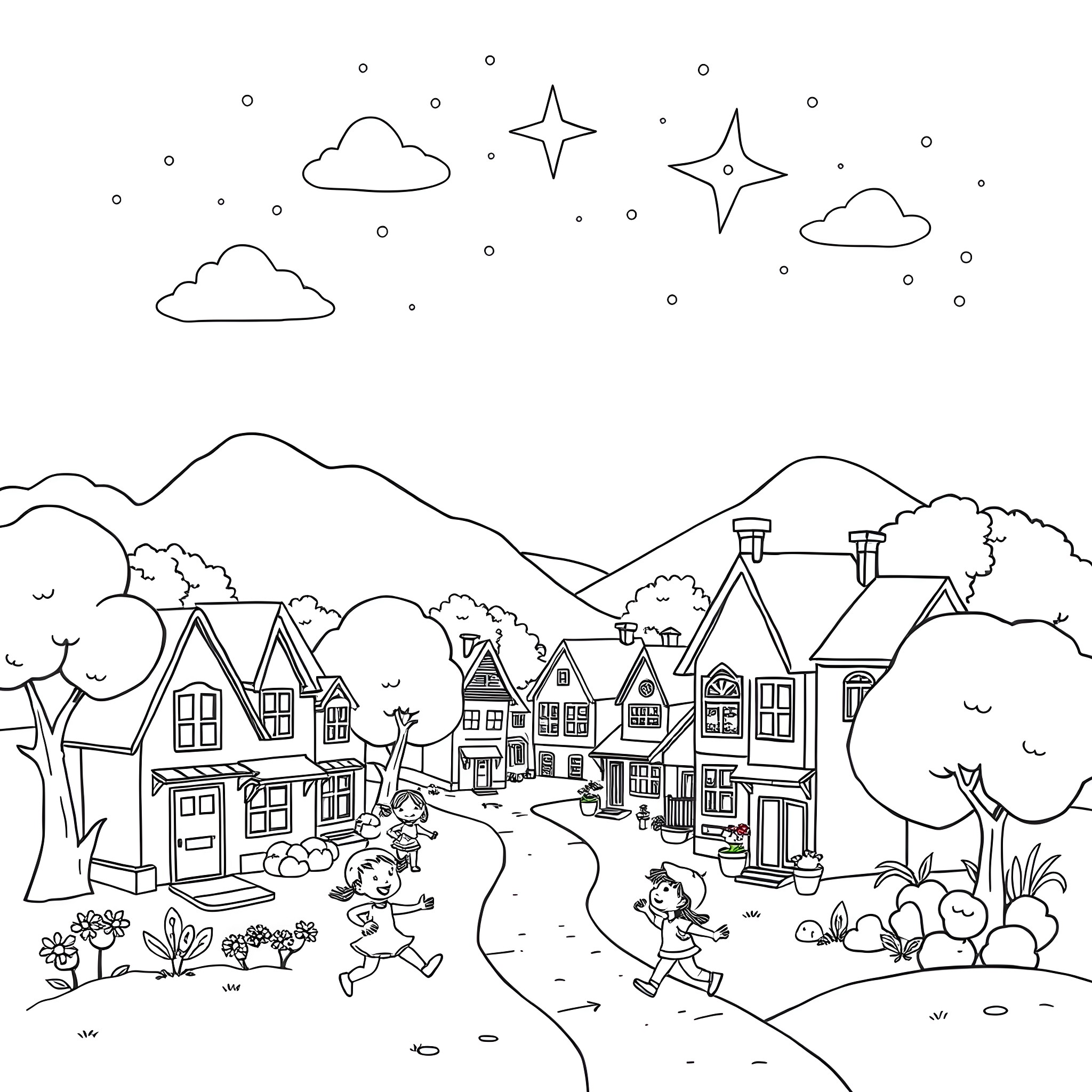 Town Scene with Playful Children Coloring Page (free black-and-white line drawing printable PDF for all, from beginners to advanced learners, including children, teens, adults, and seniors)