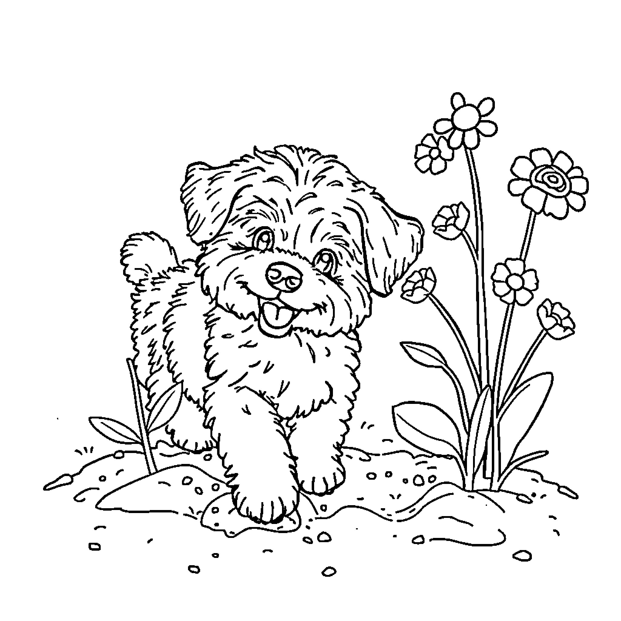 Bichon Frise playing in the garden with flowers Coloring Page (free black-and-white line drawing printable PDF for all, from beginners to advanced learners, including children, teens, adults, and seniors)
