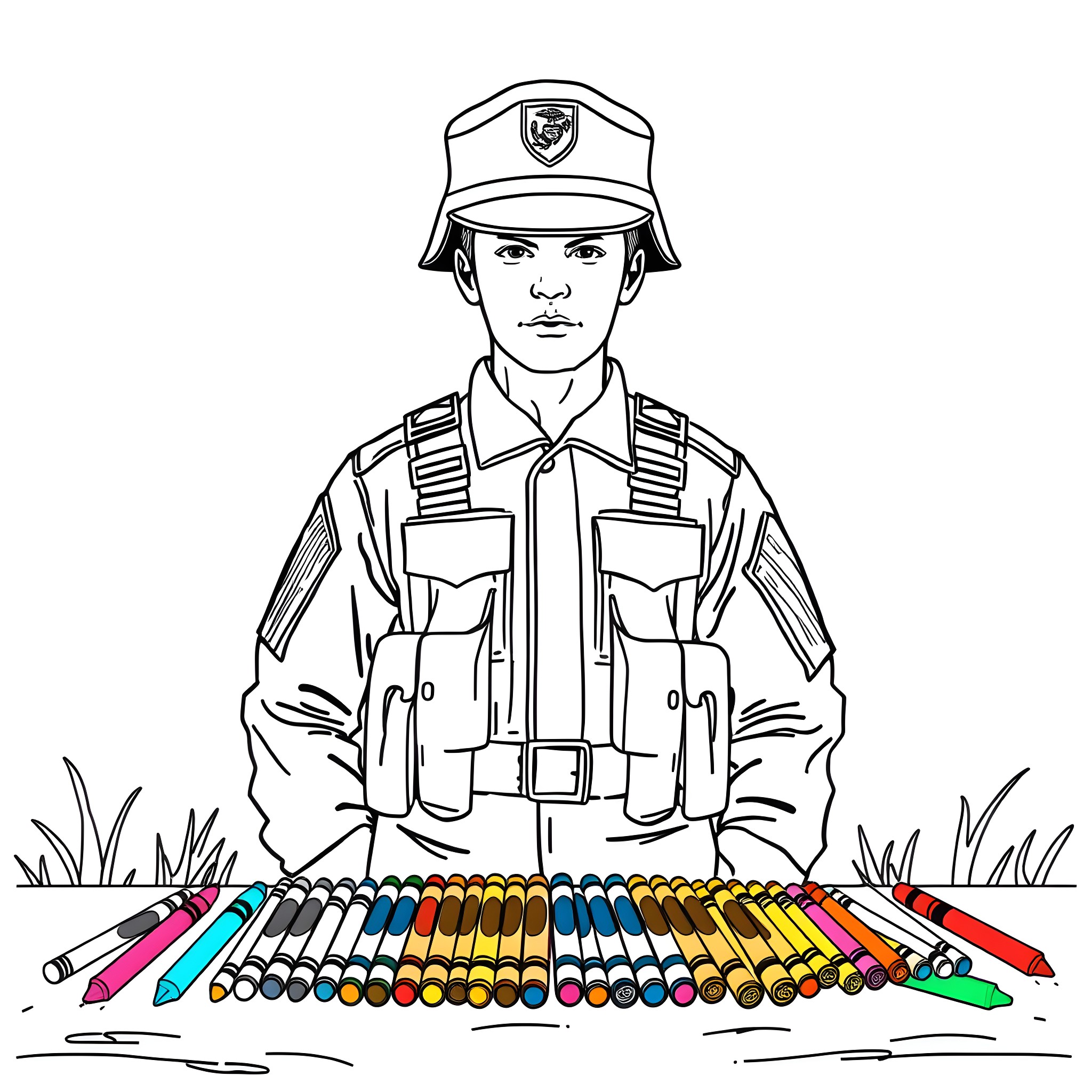 Marine soldier standing among colorful pencils Coloring Page (free black-and-white line drawing printable PDF for all, from beginners to advanced learners, including children, teens, adults, and seniors)