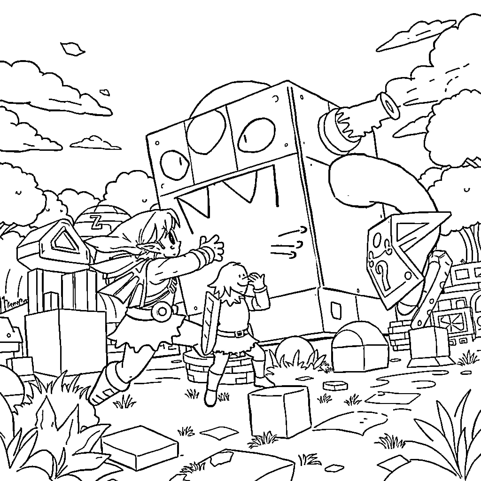 Link exploring a whimsical, playful landscape Coloring Page (free black-and-white line drawing printable PDF for all, from beginners to advanced learners, including children, teens, adults, and seniors)