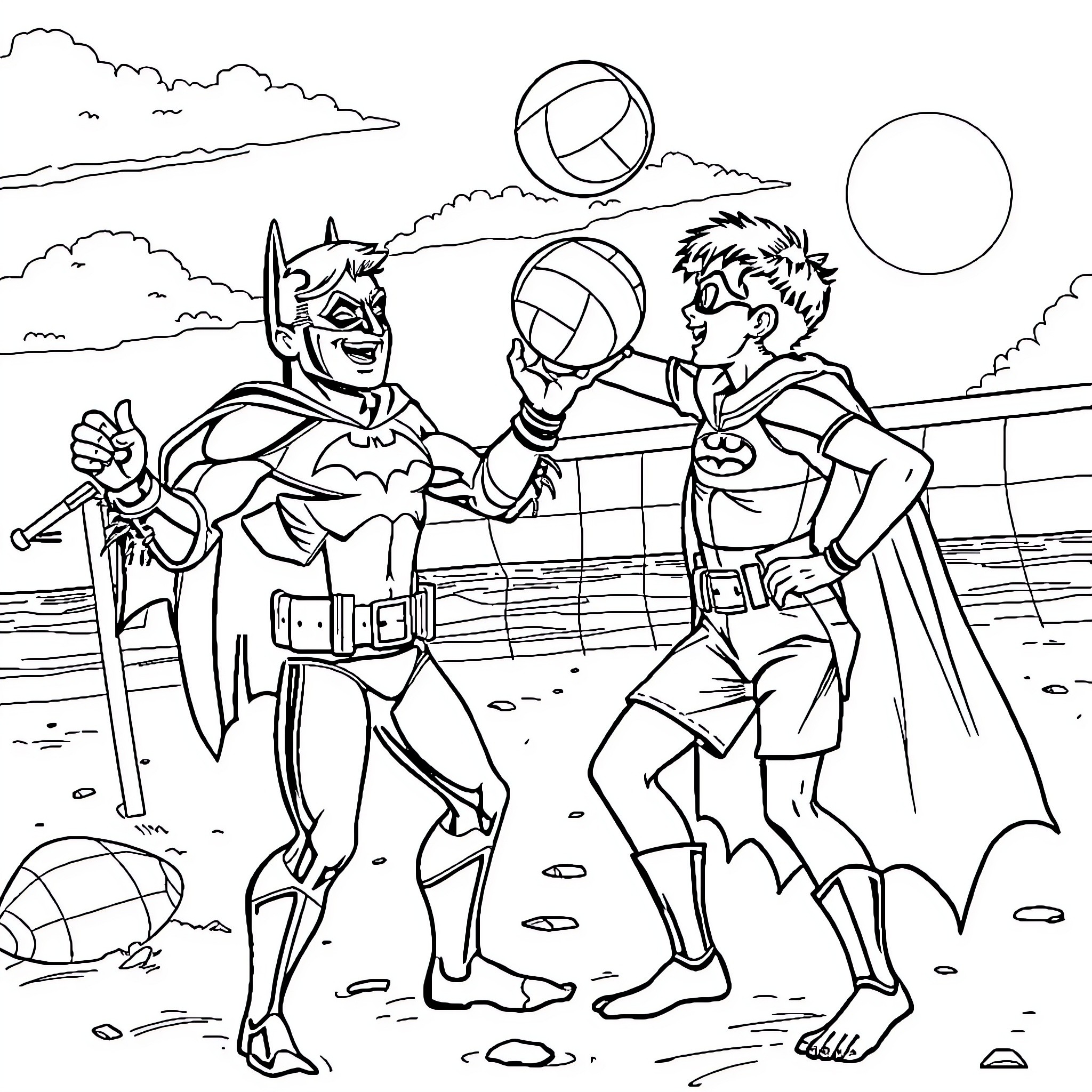 Batman and Robin playing volleyball on the beach Coloring Page (free black-and-white line drawing printable PDF for all, from beginners to advanced learners, including children, teens, adults, and seniors)