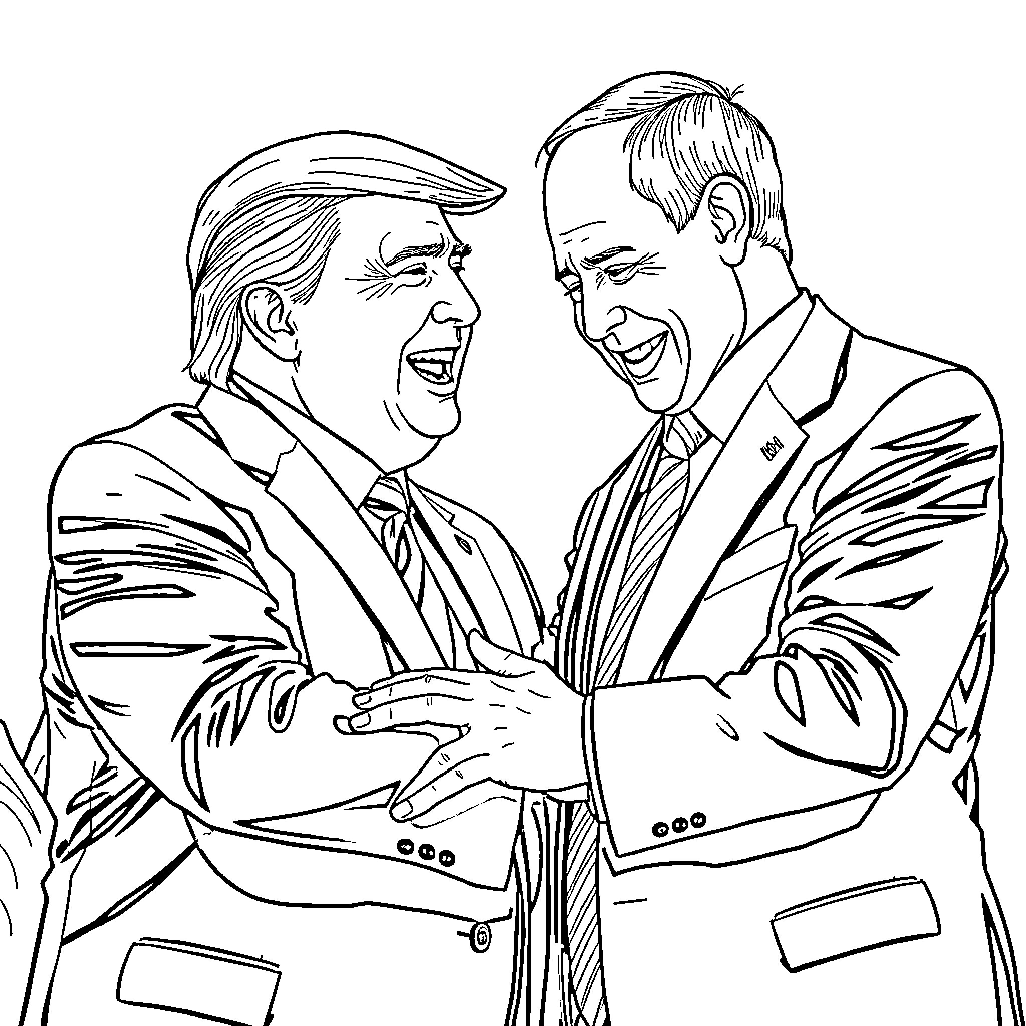 President Shakes Hands with Aide in Formal Attire Coloring Page (free black-and-white line drawing printable PDF for all, from beginners to advanced learners, including children, teens, adults, and seniors)
