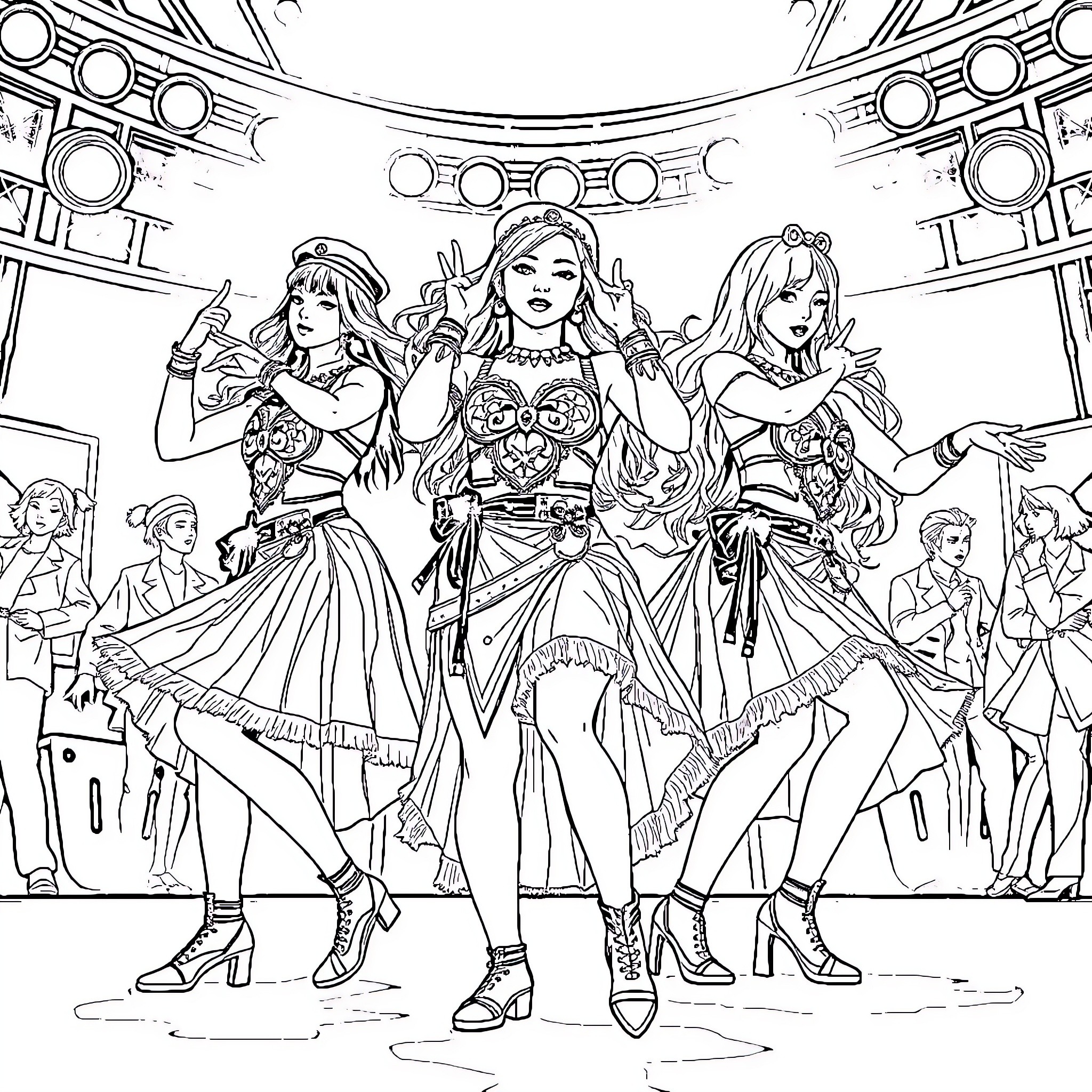 K Pop Warrior Performers in Vibrant Costumes Coloring Page (free black-and-white line drawing printable PDF for all, from beginners to advanced learners, including children, teens, adults, and seniors)