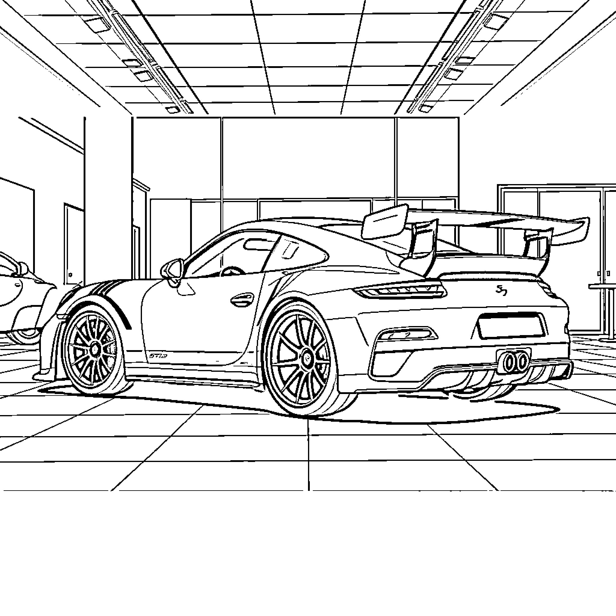 Porsche sports car in garage showroom Coloring Page (free black-and-white line drawing printable PDF for all, from beginners to advanced learners, including children, teens, adults, and seniors)