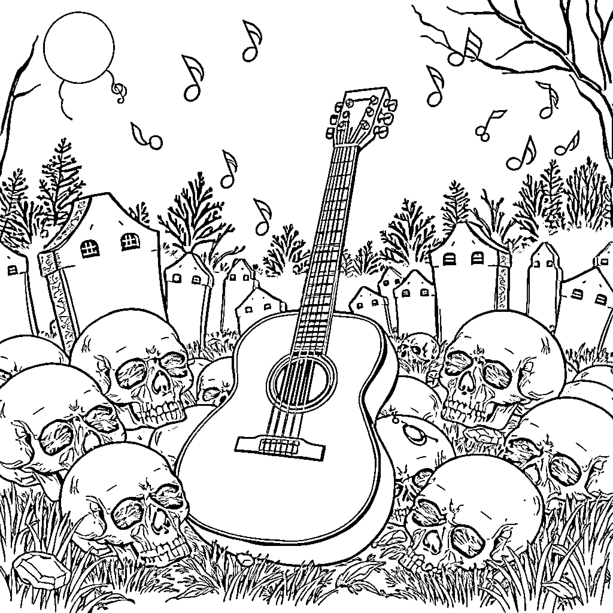 Guitar surrounded by whimsical forest and skulls Coloring Page (free black-and-white line drawing printable PDF for all, from beginners to advanced learners, including children, teens, adults, and seniors)