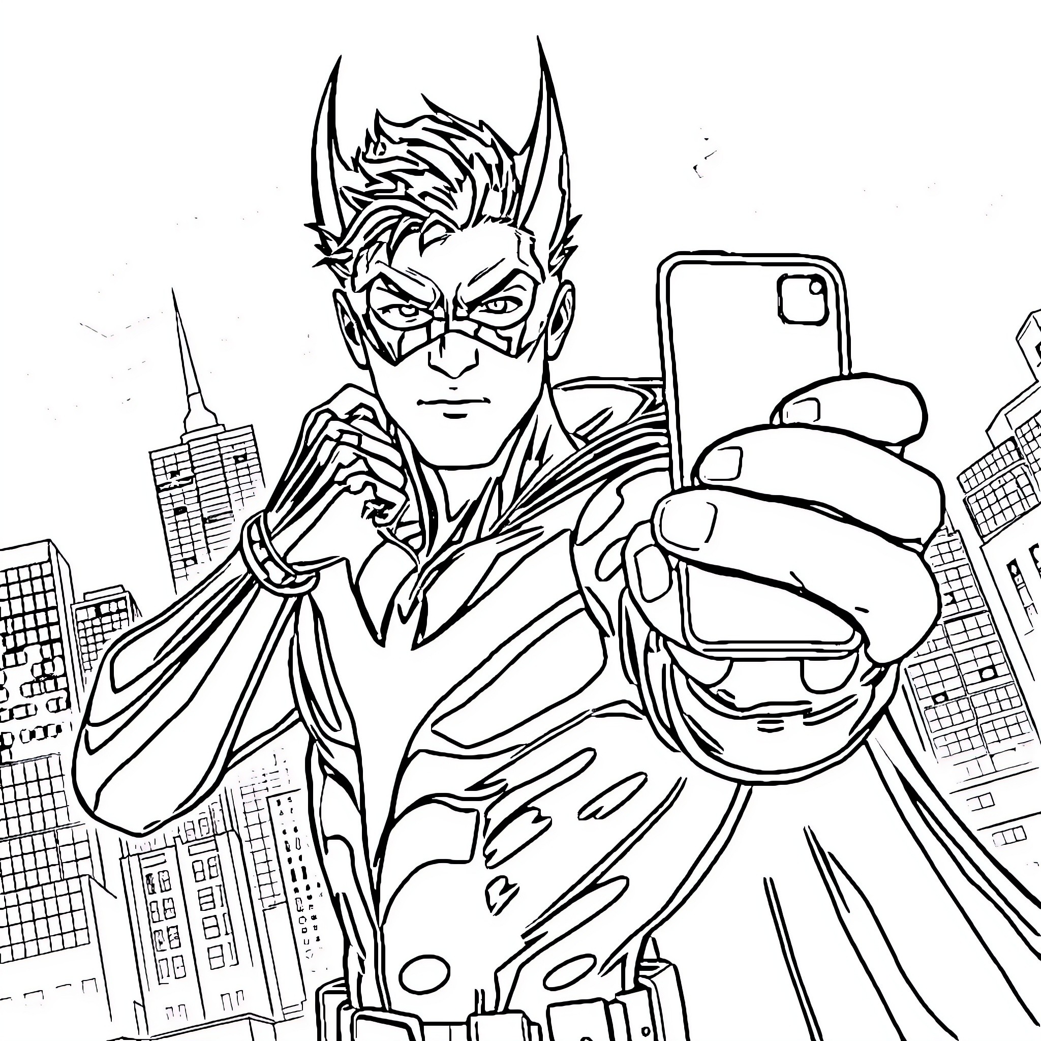 Nightwing taking a selfie in the city skyline Coloring Page (free black-and-white line drawing printable PDF for all, from beginners to advanced learners, including children, teens, adults, and seniors)