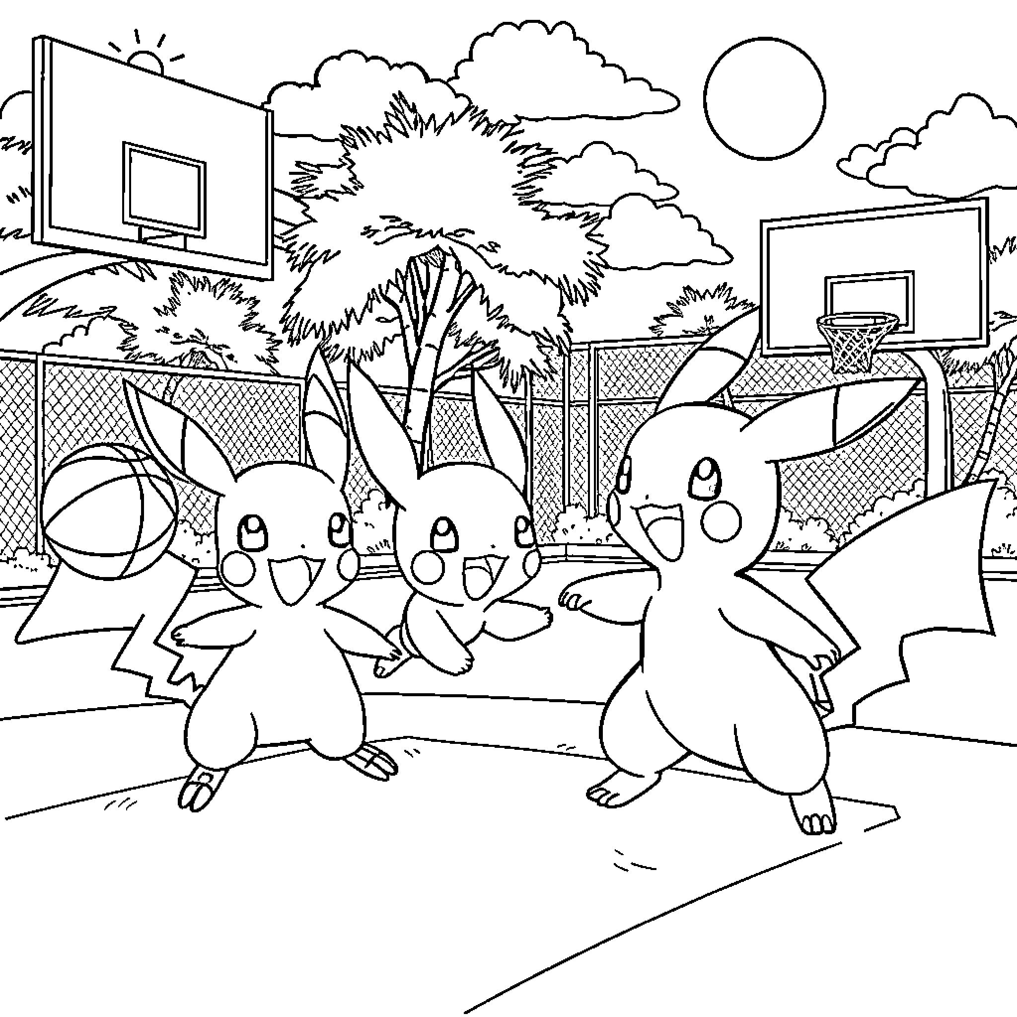 Pokémon characters playing basketball on a court Coloring Page (free black-and-white line drawing printable PDF for all, from beginners to advanced learners, including children, teens, adults, and seniors)