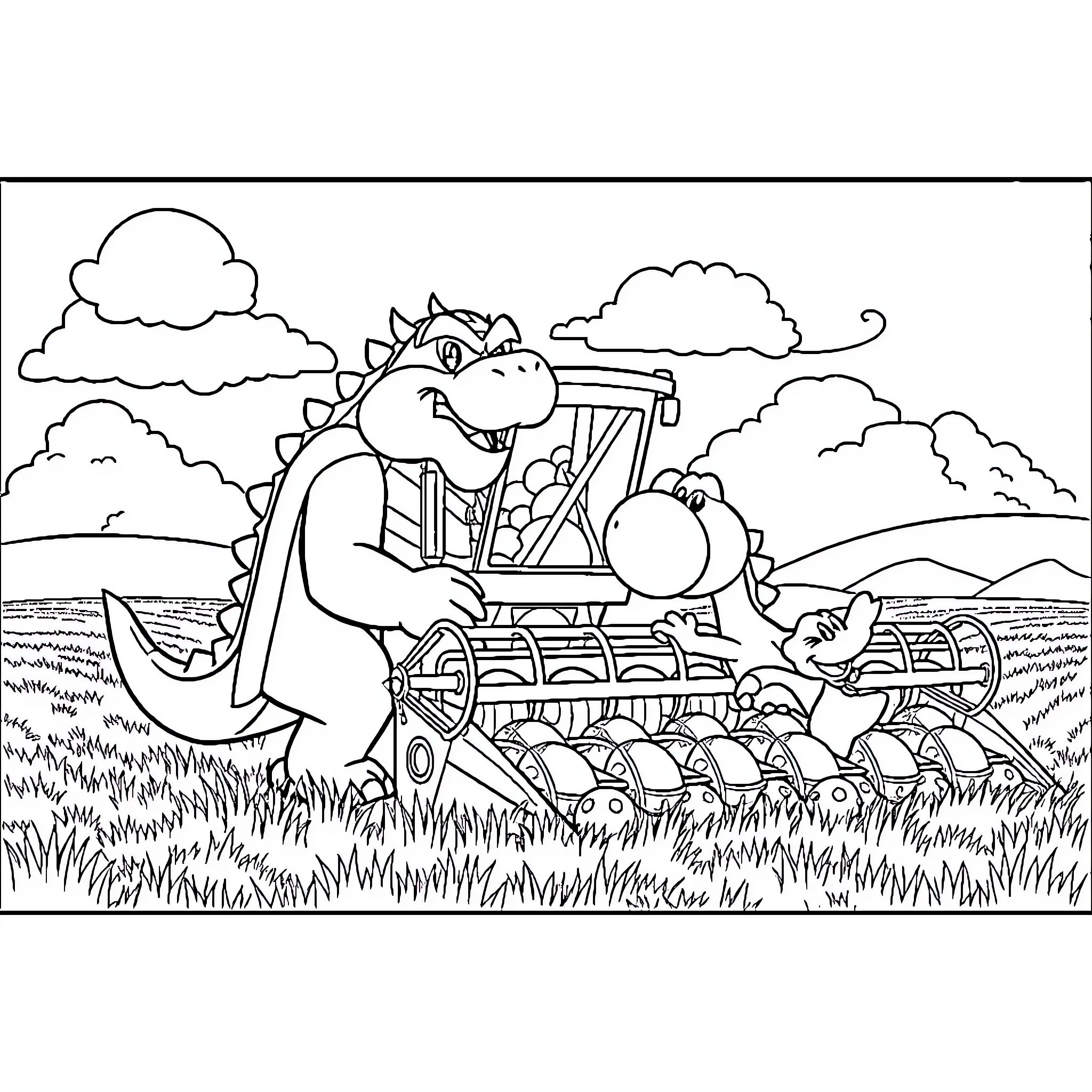 Bowser operating a tractor in a field Coloring Page (free black-and-white line drawing printable PDF for all, from beginners to advanced learners, including children, teens, adults, and seniors)