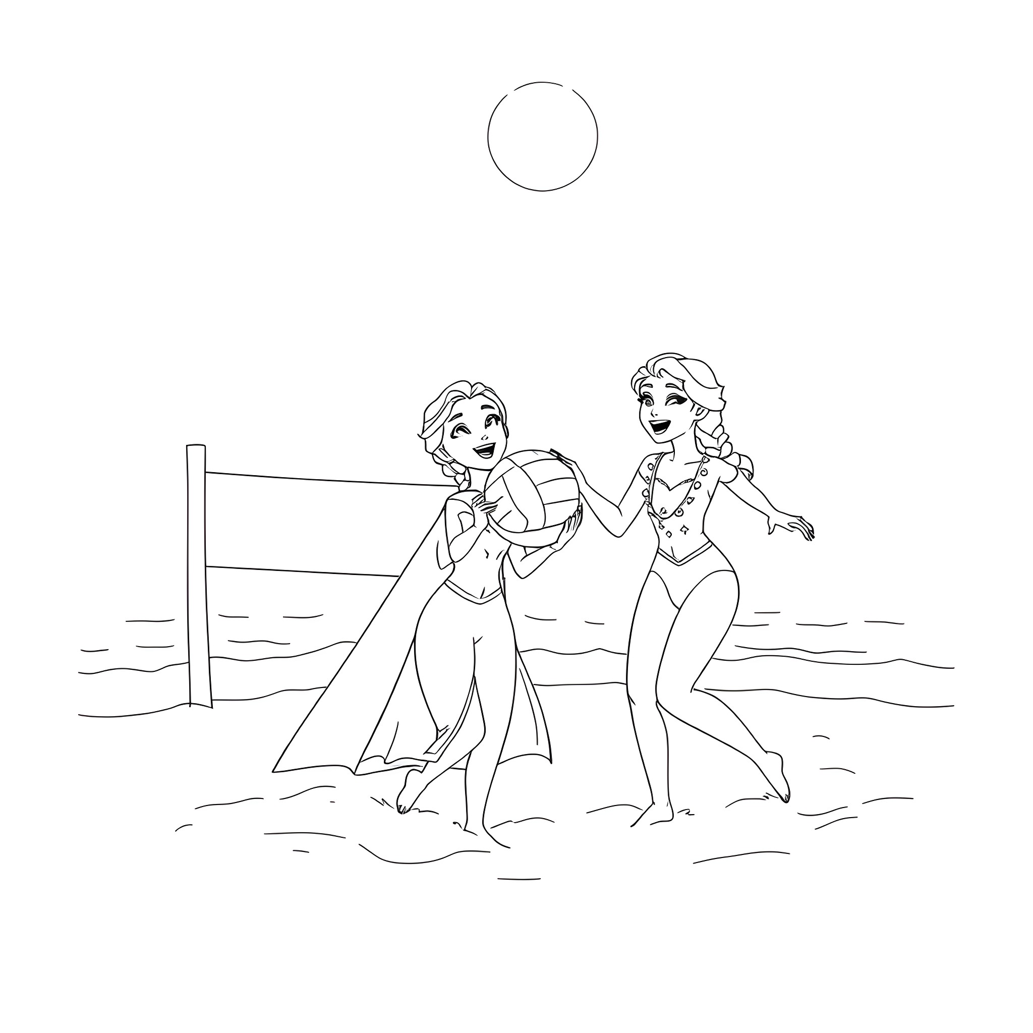 Elsa and Anna playing volleyball on the beach Coloring Page (free black-and-white line drawing printable PDF for all, from beginners to advanced learners, including children, teens, adults, and seniors)