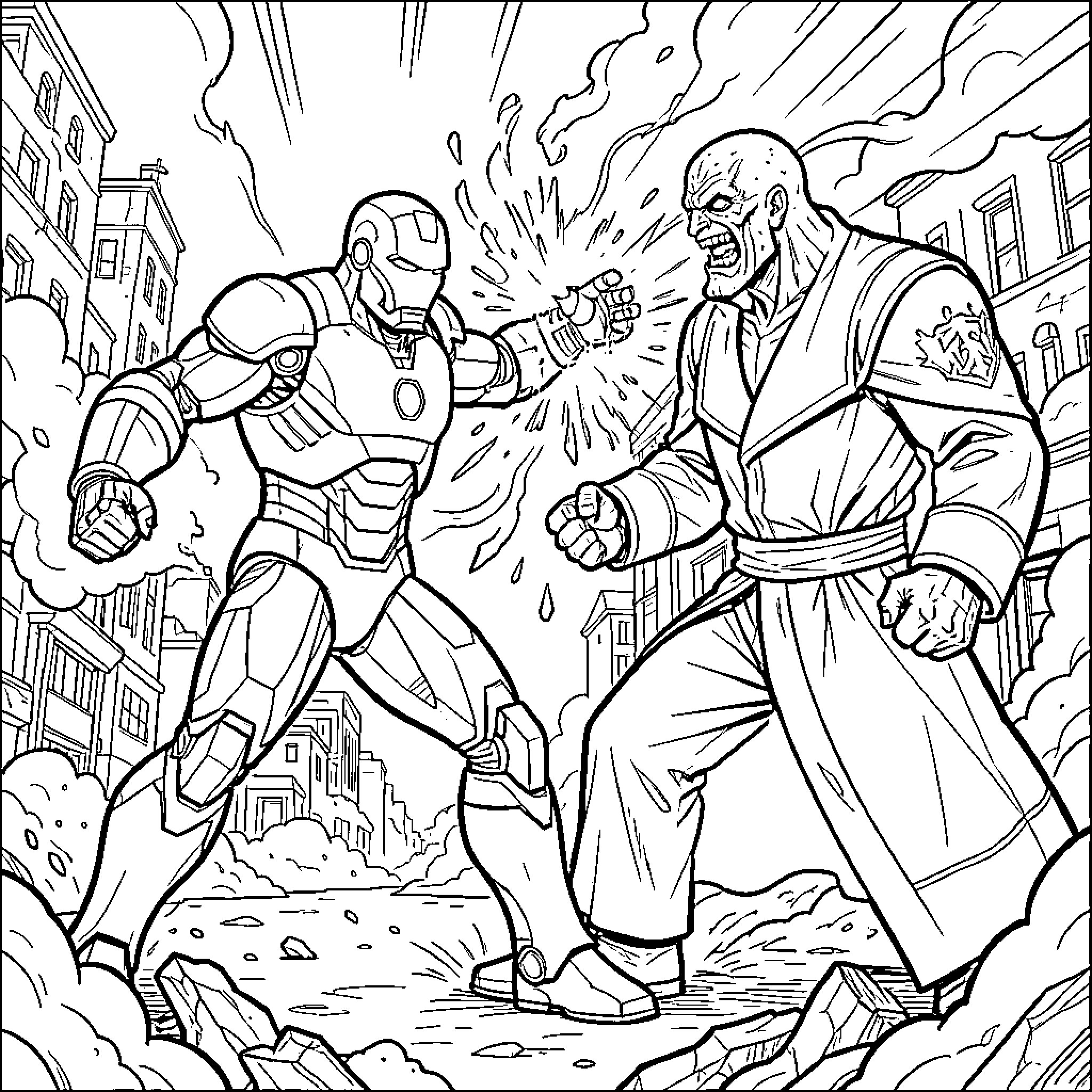 Iron Man battling a powerful villain in a city Coloring Page (free black-and-white line drawing printable PDF for all, from beginners to advanced learners, including children, teens, adults, and seniors)