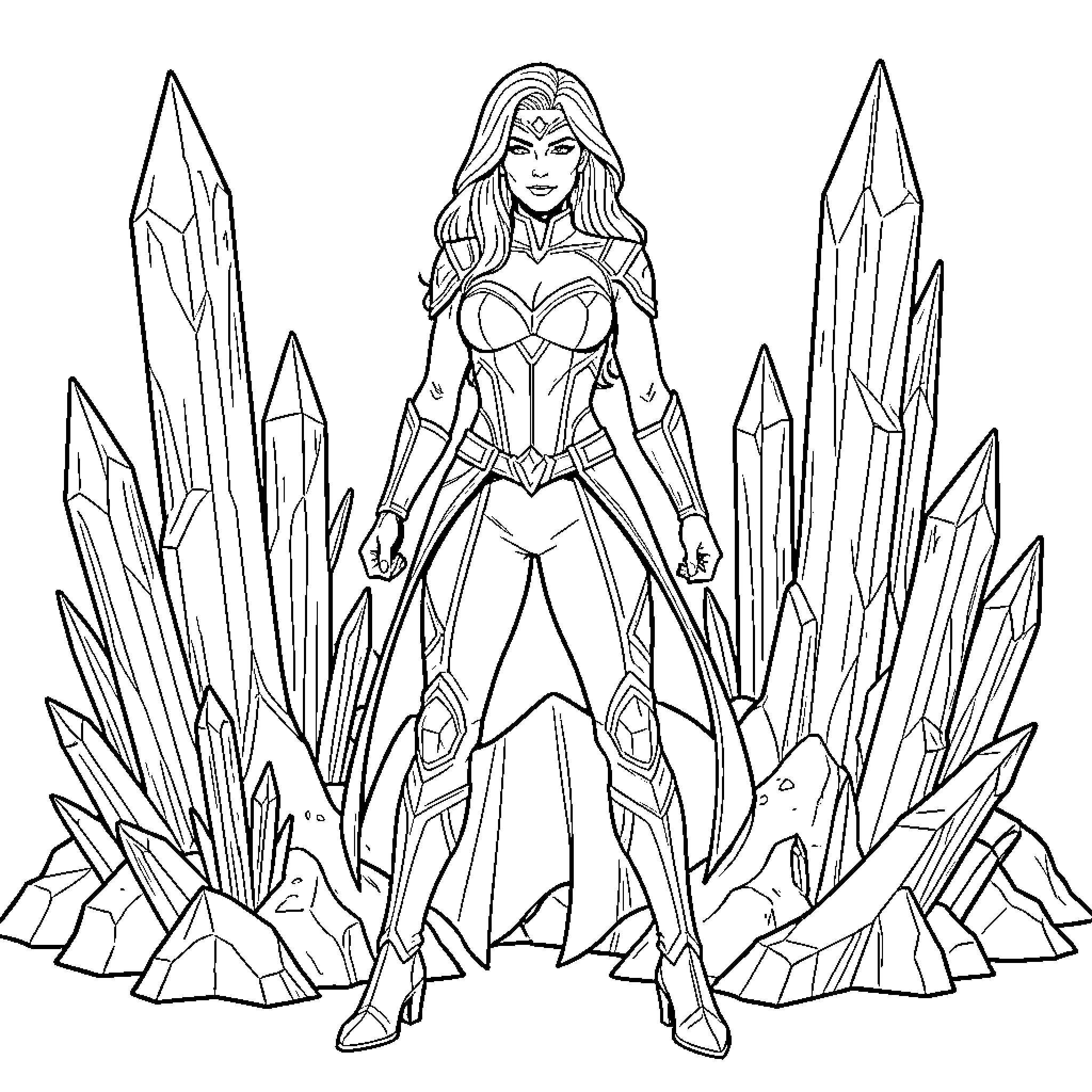 Emma Frost standing confidently amidst large crystals Coloring Page (free black-and-white line drawing printable PDF for all, from beginners to advanced learners, including children, teens, adults, and seniors)