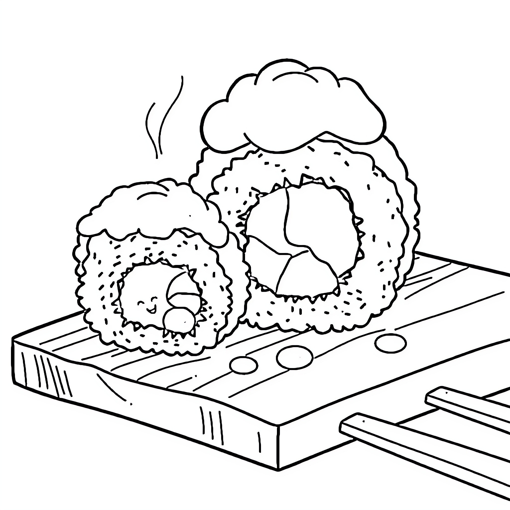 Sushi rolls on wooden plate Coloring Page (free black-and-white line drawing printable PDF for all, from beginners to advanced learners, including children, teens, adults, and seniors)