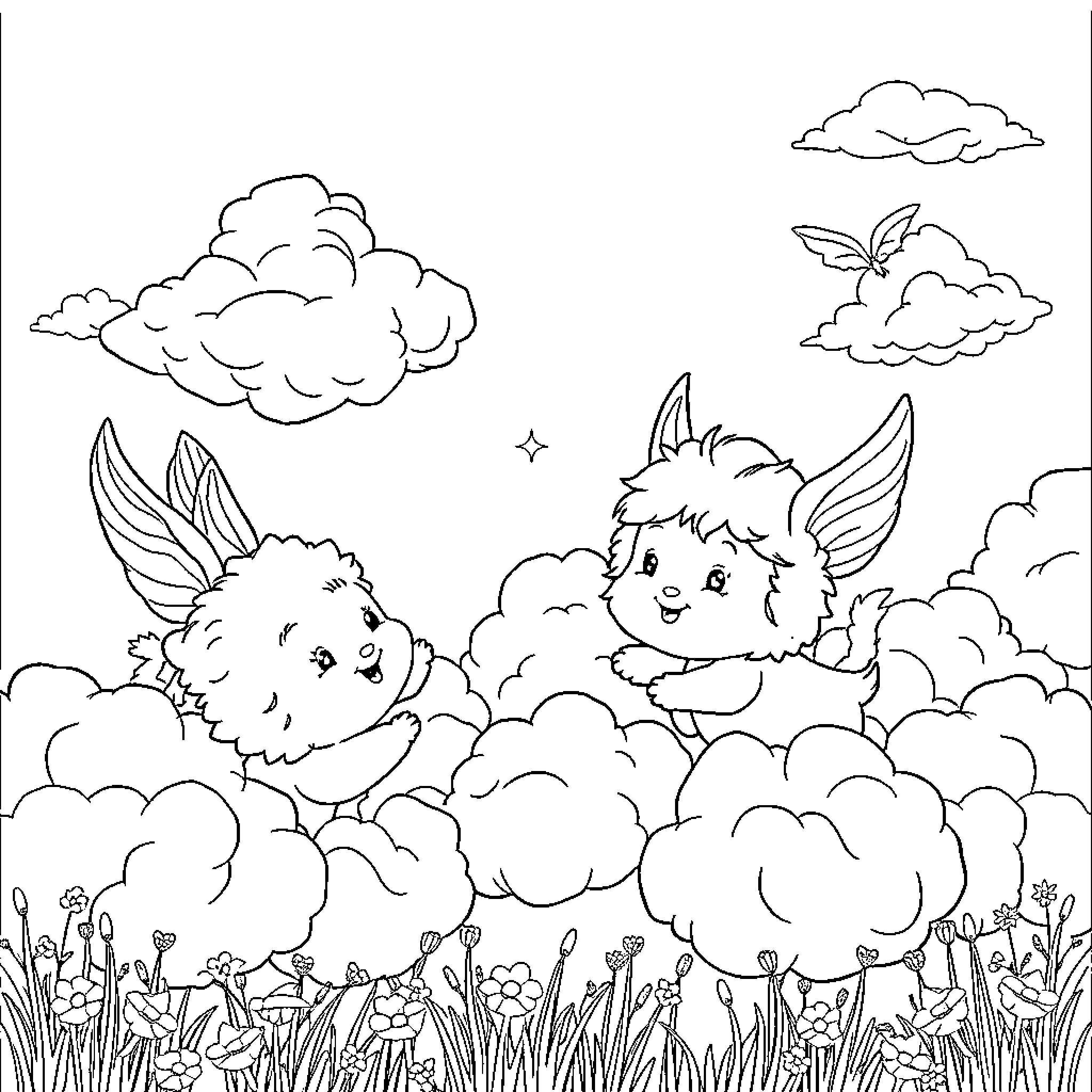 Cloud creatures frolicking in a whimsical landscape Coloring Page (free black-and-white line drawing printable PDF for all, from beginners to advanced learners, including children, teens, adults, and seniors)