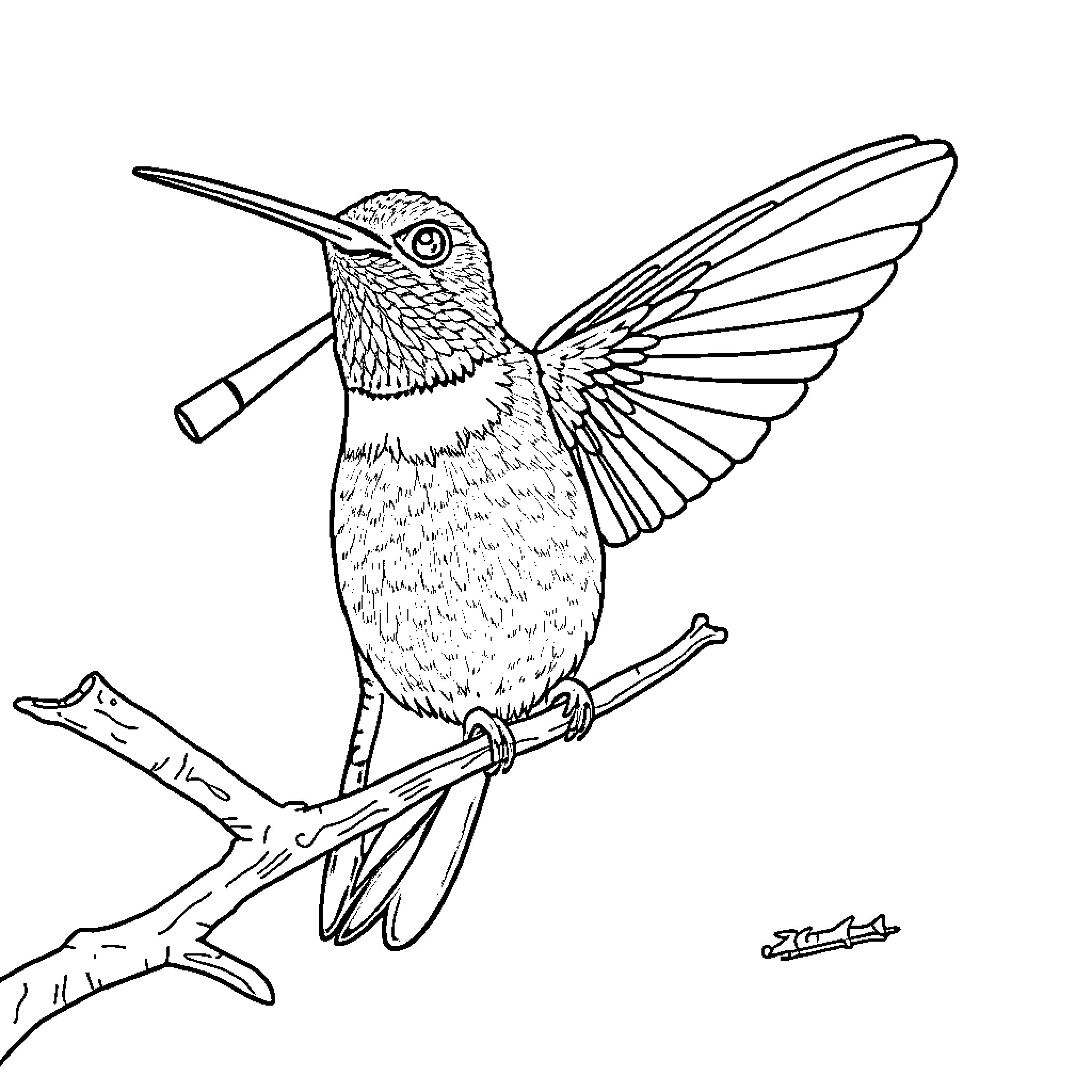 Hummingbird perching on a branch Coloring Page (free black-and-white line drawing printable PDF for all, from beginners to advanced learners, including children, teens, adults, and seniors)