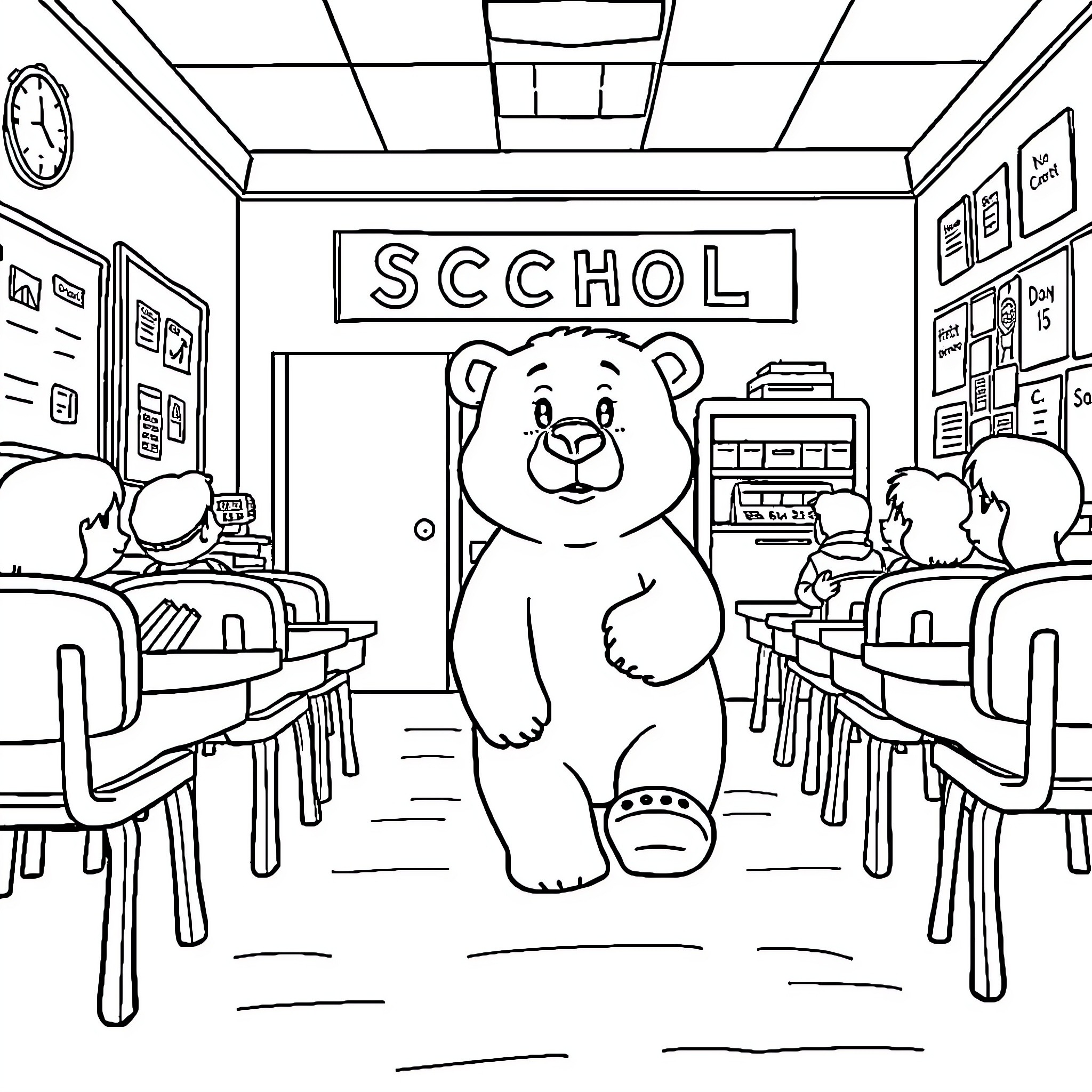 Polar Bear in a Classroom Coloring Page (free black-and-white line drawing printable PDF for all, from beginners to advanced learners, including children, teens, adults, and seniors)