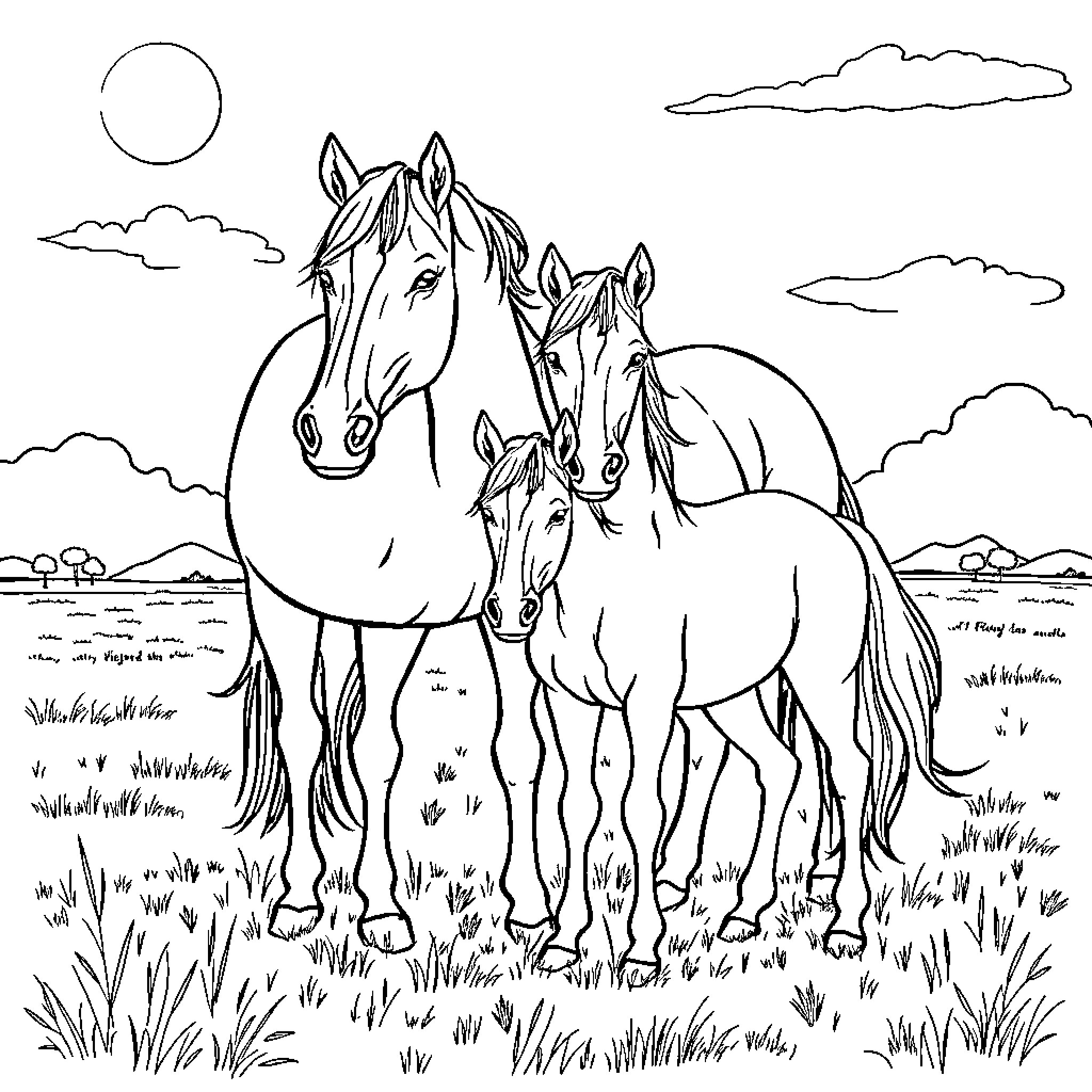 Horse Family Enjoying the Pastoral Landscape Coloring Page (free black-and-white line drawing printable PDF for all, from beginners to advanced learners, including children, teens, adults, and seniors)