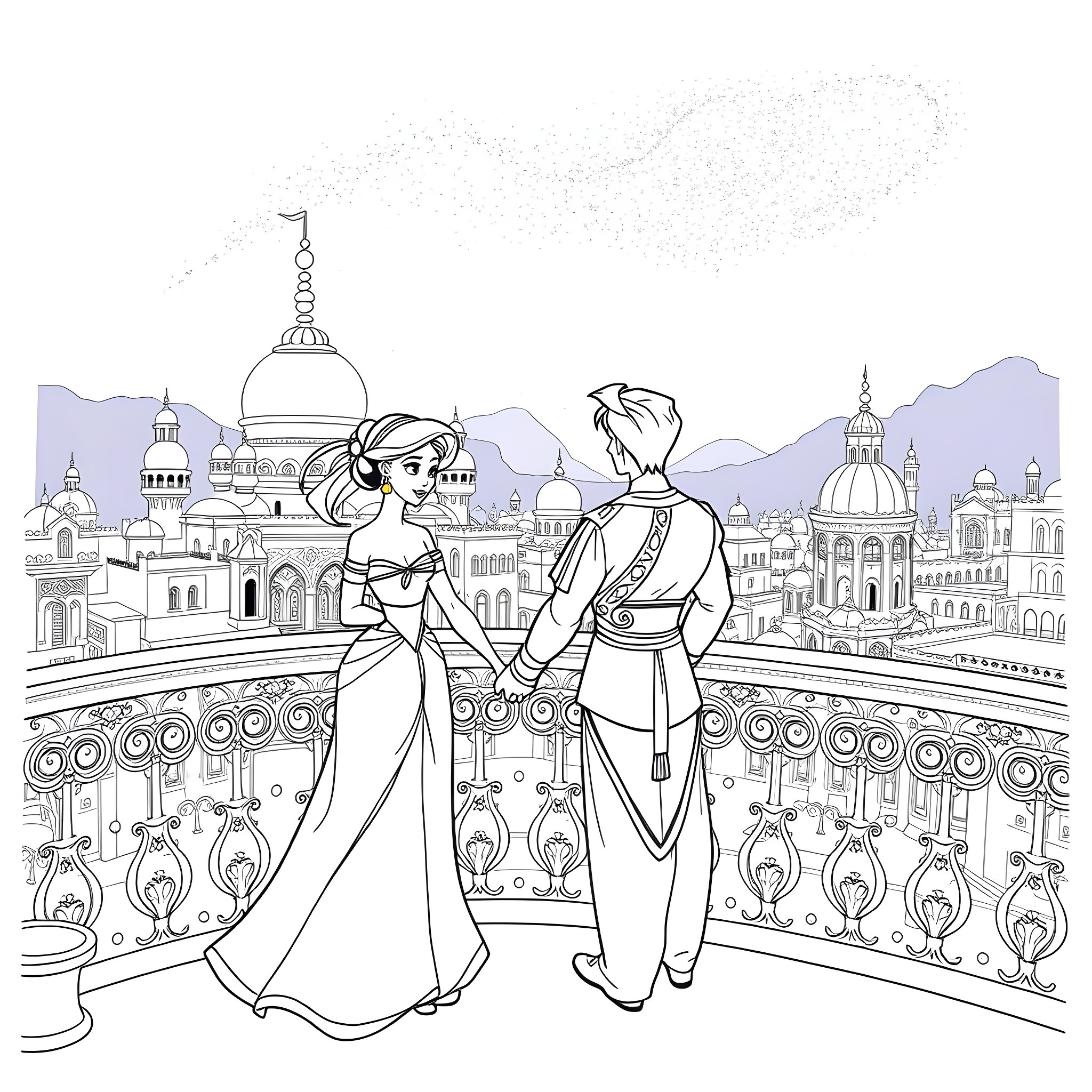 Jasmine and Aladdin exploring the enchanting palace Coloring Page (free black-and-white line drawing printable PDF for all, from beginners to advanced learners, including children, teens, adults, and seniors)
