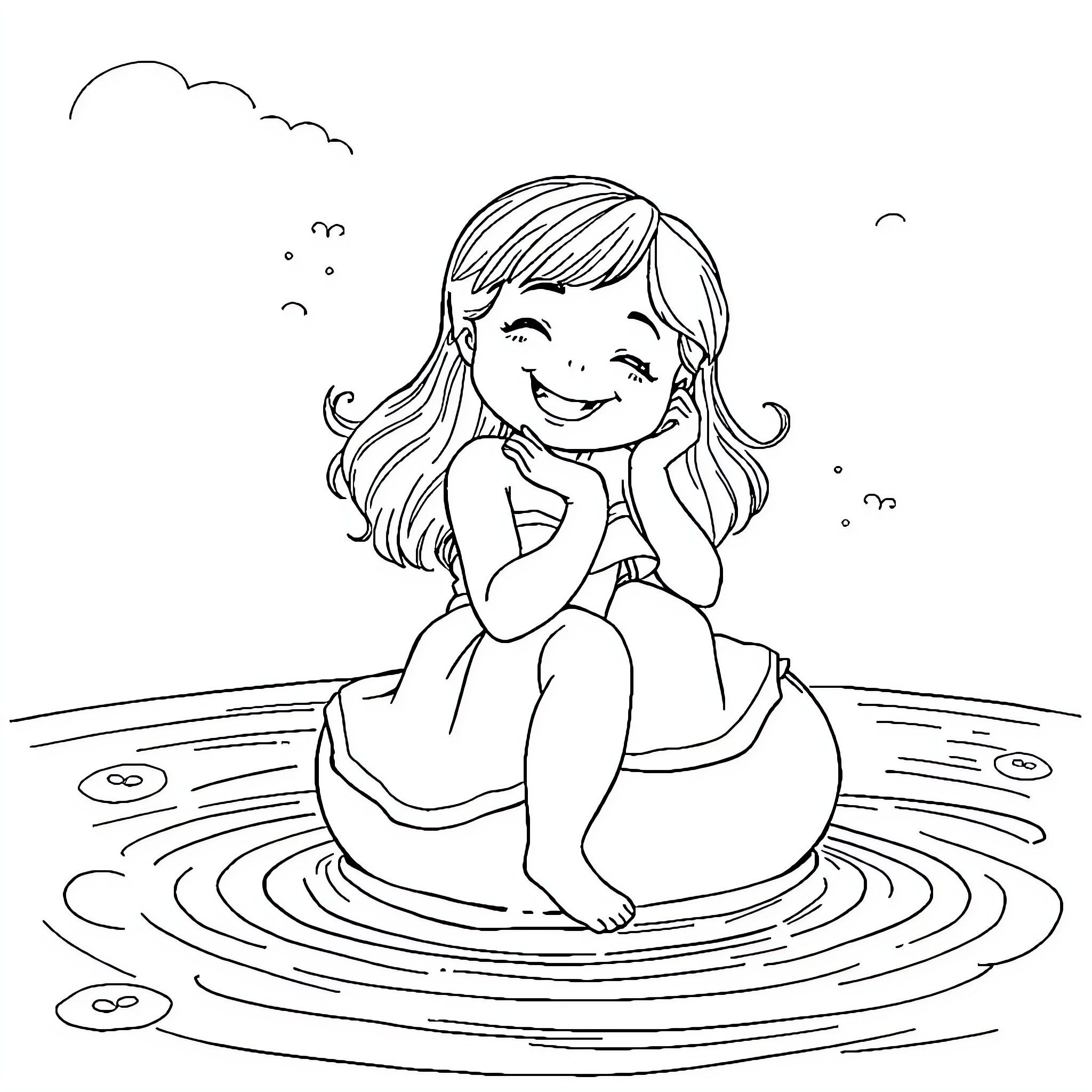 Girl playing joyfully in a puddle Coloring Page (free black-and-white line drawing printable PDF for all, from beginners to advanced learners, including children, teens, adults, and seniors)