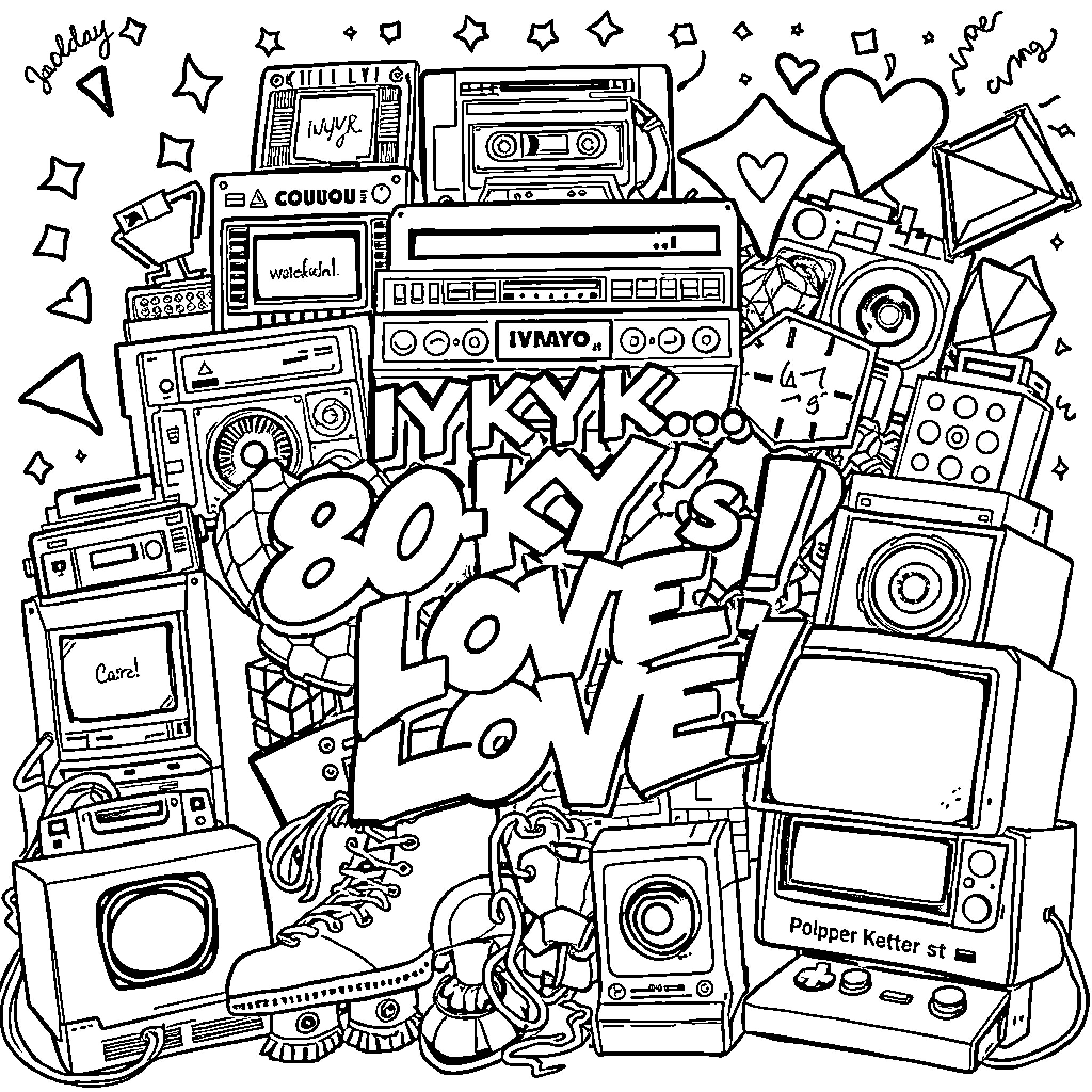 Nostalgia for the 80s and Retro Pop Culture Coloring Page (free black-and-white line drawing printable PDF for all, from beginners to advanced learners, including children, teens, adults, and seniors)