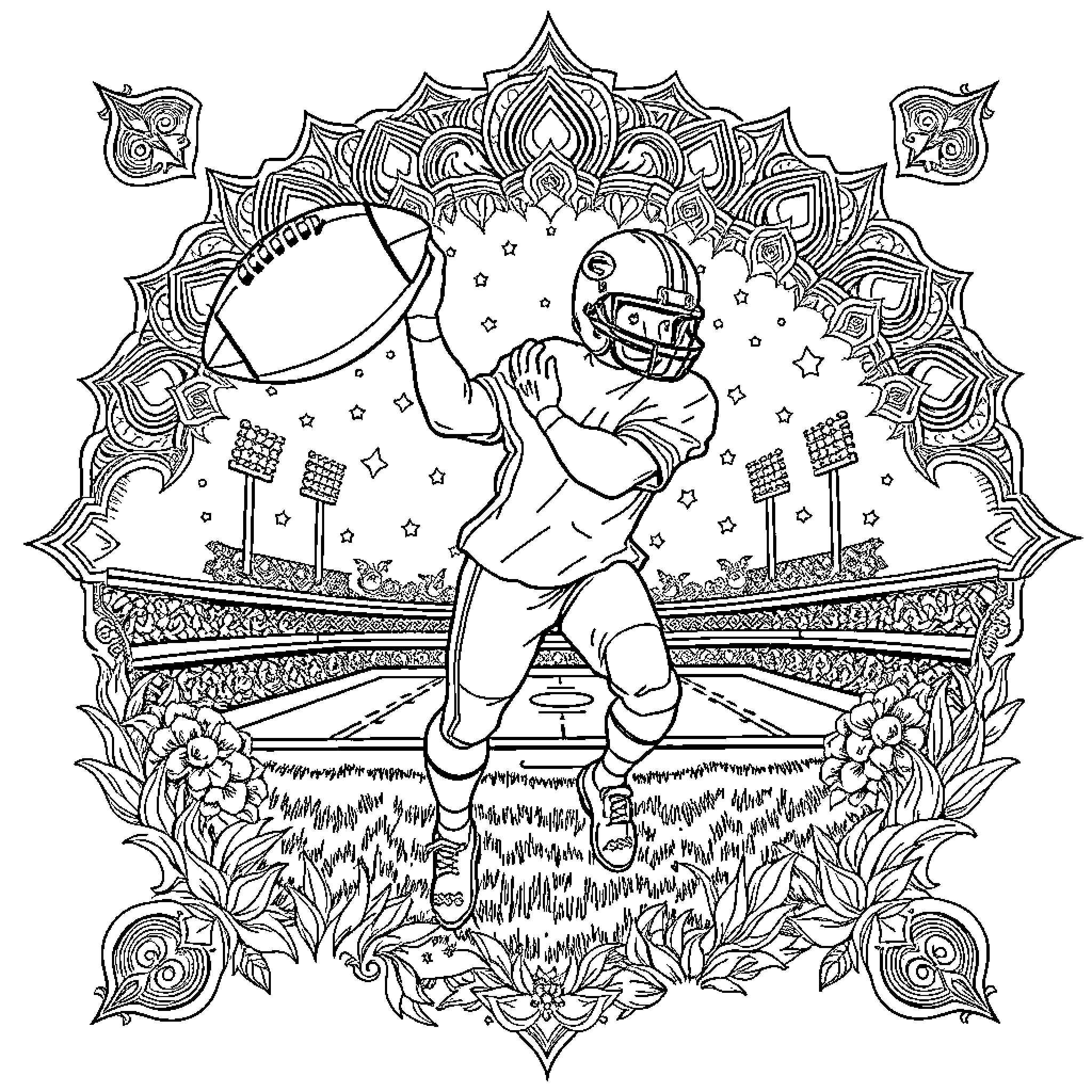 Football Player Celebrating Victory in Stadium Coloring Page (free black-and-white line drawing printable PDF for all, from beginners to advanced learners, including children, teens, adults, and seniors)