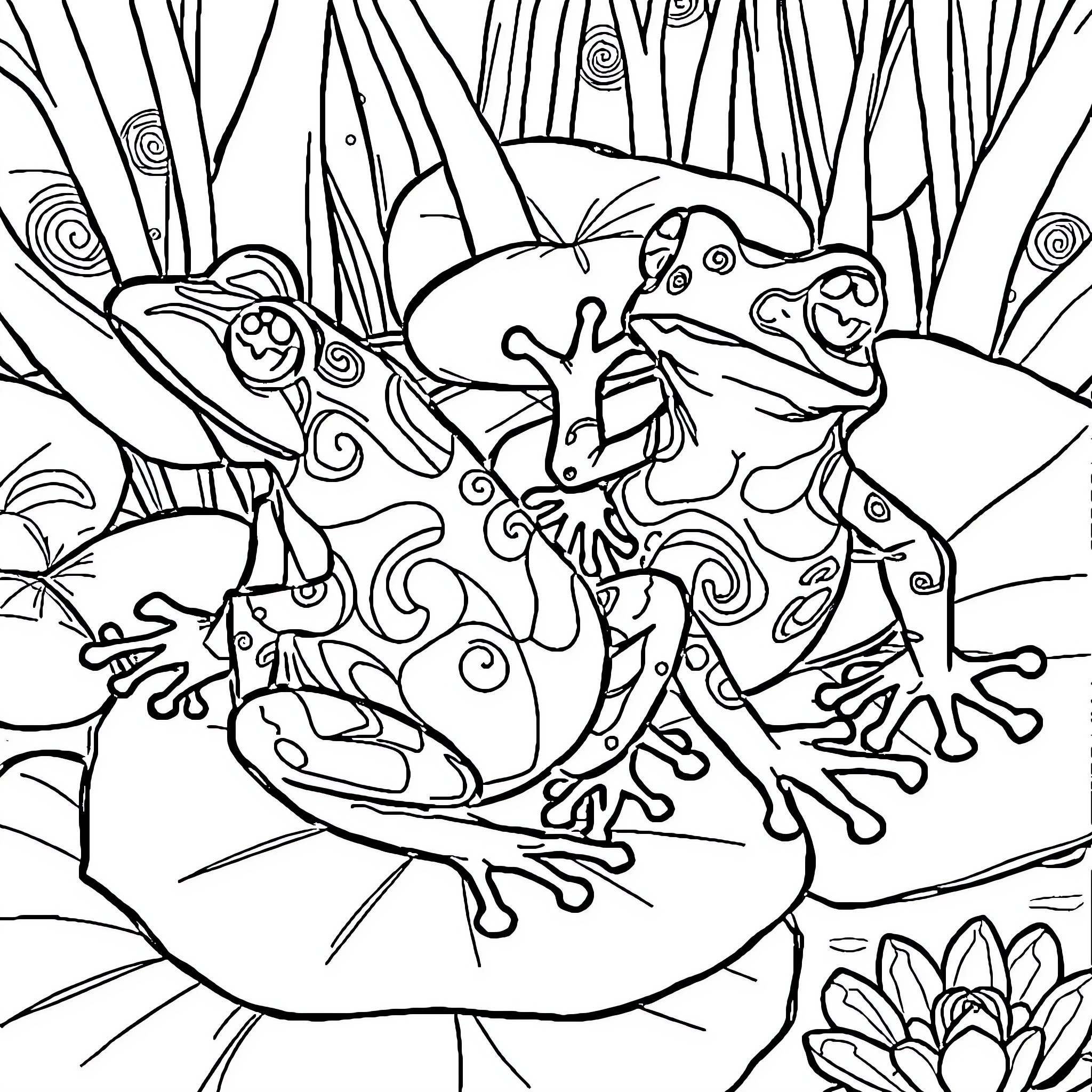 Frog hiding in the lotus leaves Coloring Page (free black-and-white line drawing printable PDF for all, from beginners to advanced learners, including children, teens, adults, and seniors)
