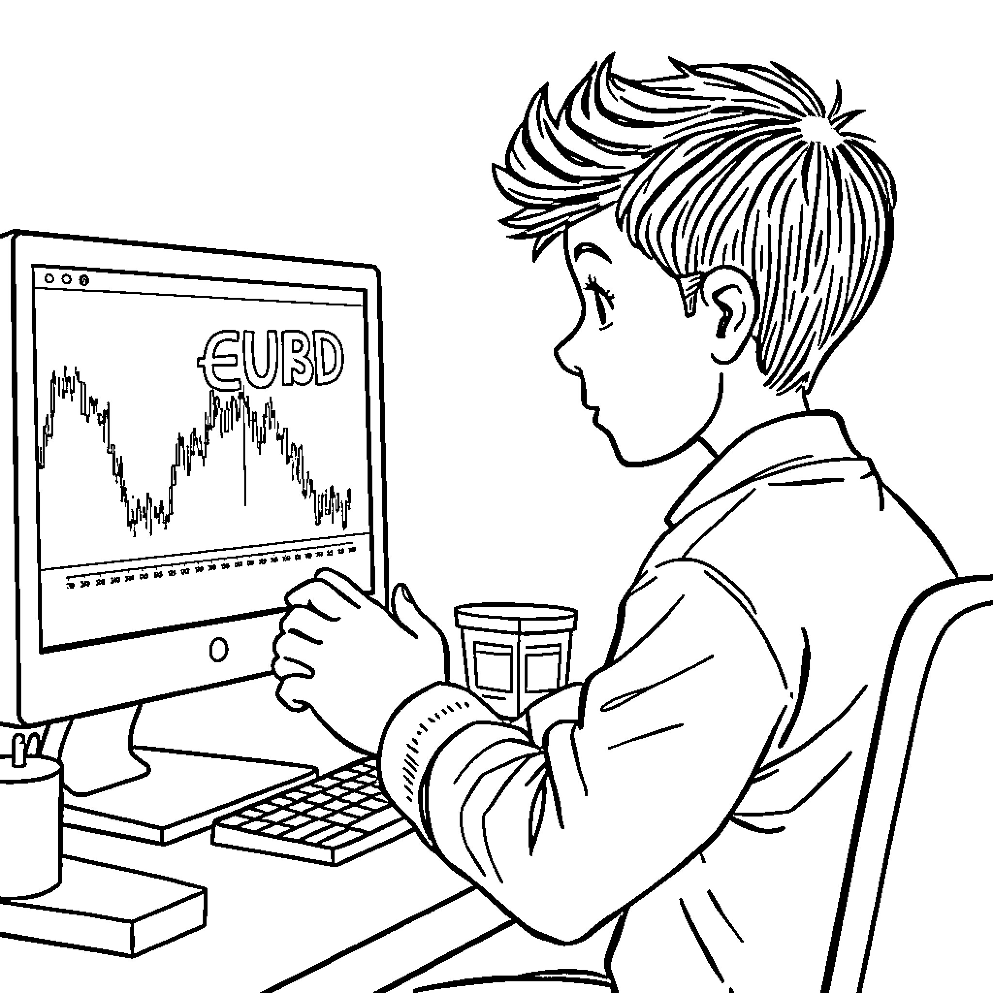 Boy intently studying stock market chart on computer Coloring Page (free black-and-white line drawing printable PDF for all, from beginners to advanced learners, including children, teens, adults, and seniors)