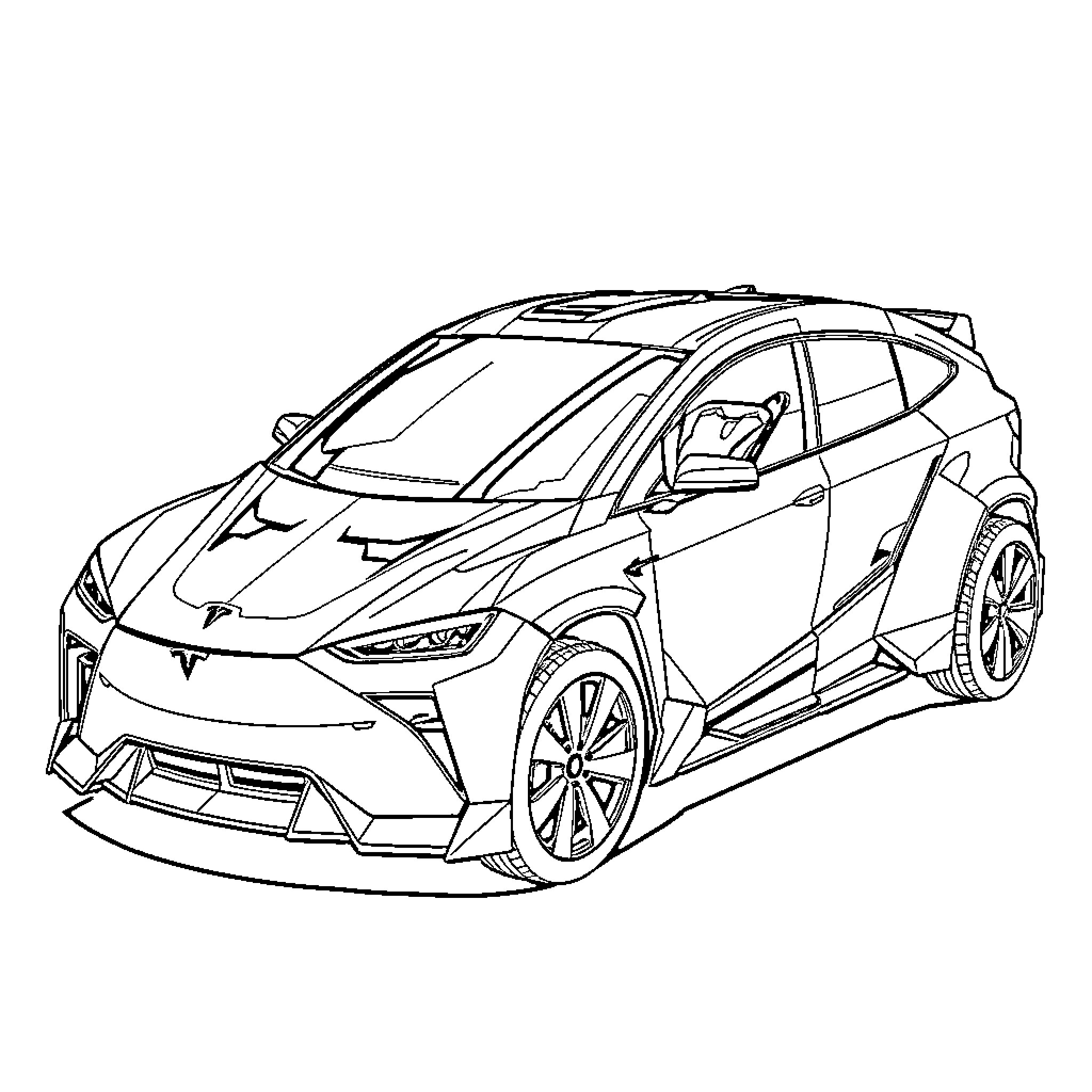 Tesla electric vehicle with bold design Coloring Page (free black-and-white line drawing printable PDF for all, from beginners to advanced learners, including children, teens, adults, and seniors)