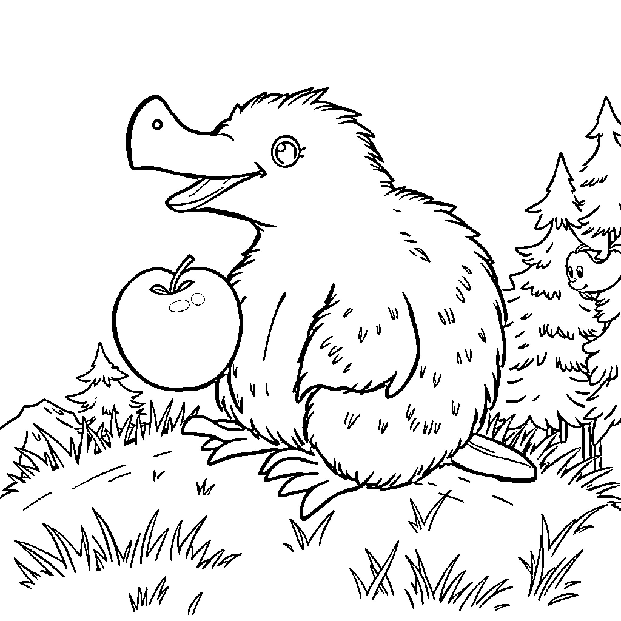 Platypus enjoying an apple in a forest setting Coloring Page (free black-and-white line drawing printable PDF for all, from beginners to advanced learners, including children, teens, adults, and seniors)