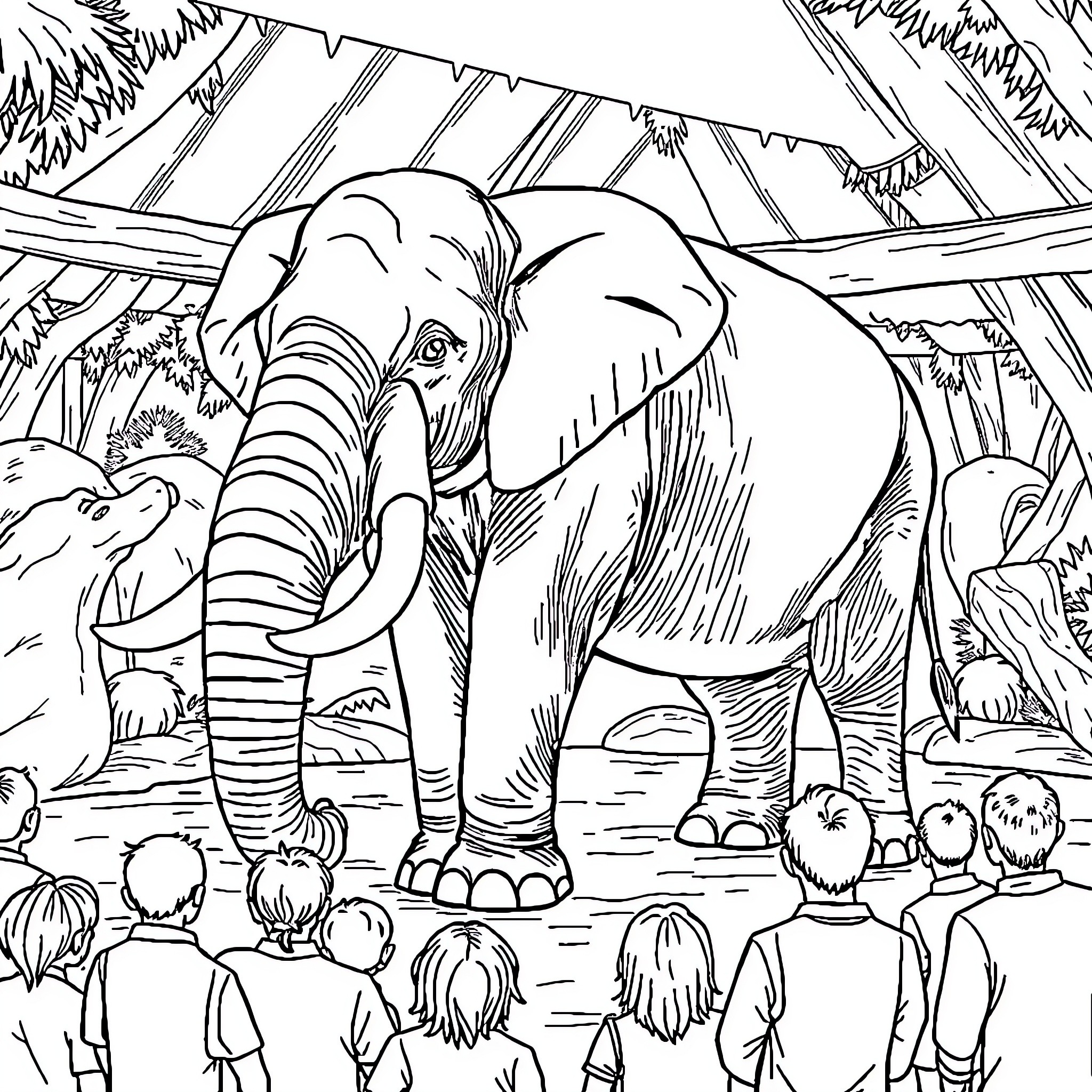Elephant Performing for Audience in Forest Coloring Page (free black-and-white line drawing printable PDF for all, from beginners to advanced learners, including children, teens, adults, and seniors)