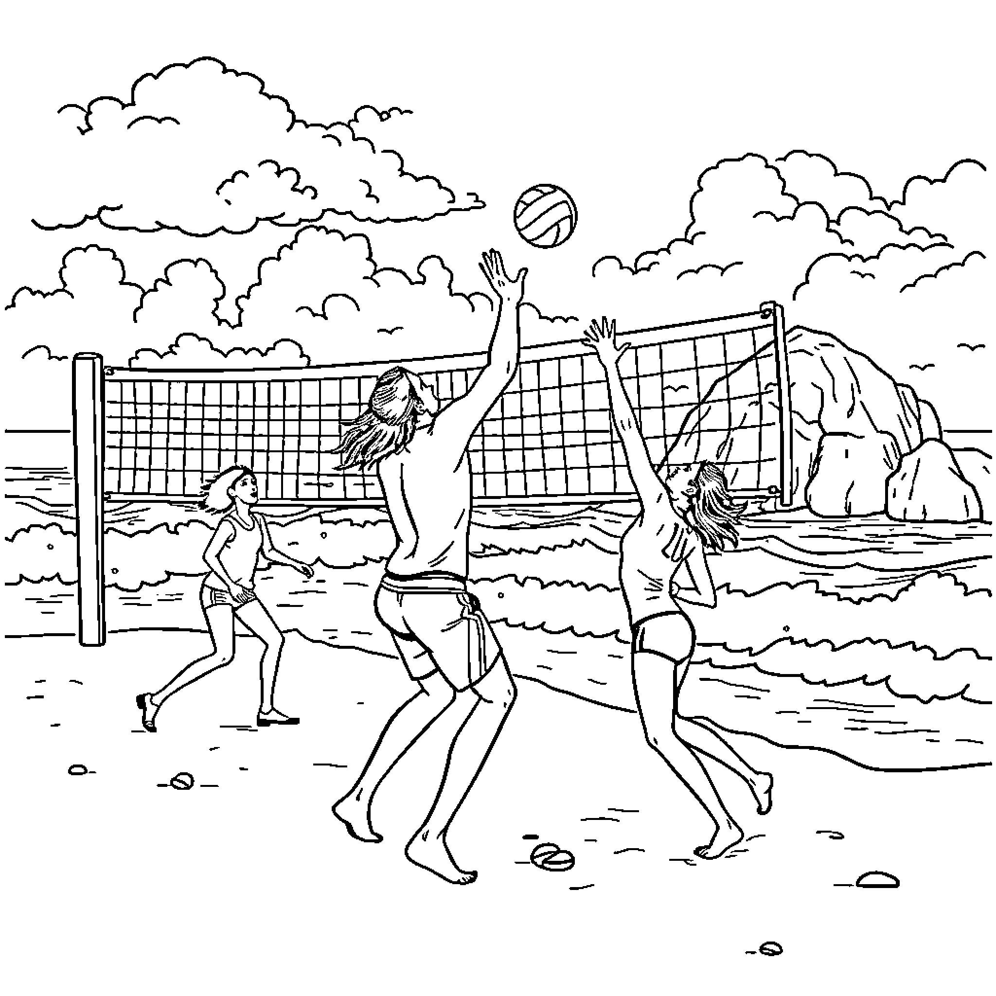 Batam beach volleyball game with players in swimsuits Coloring Page (free black-and-white line drawing printable PDF for all, from beginners to advanced learners, including children, teens, adults, and seniors)