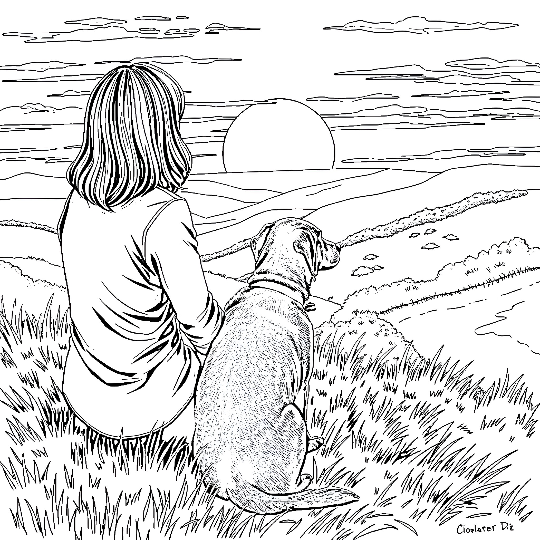 Woman and her dog watching the sunset Coloring Page (free black-and-white line drawing printable PDF for all, from beginners to advanced learners, including children, teens, adults, and seniors)