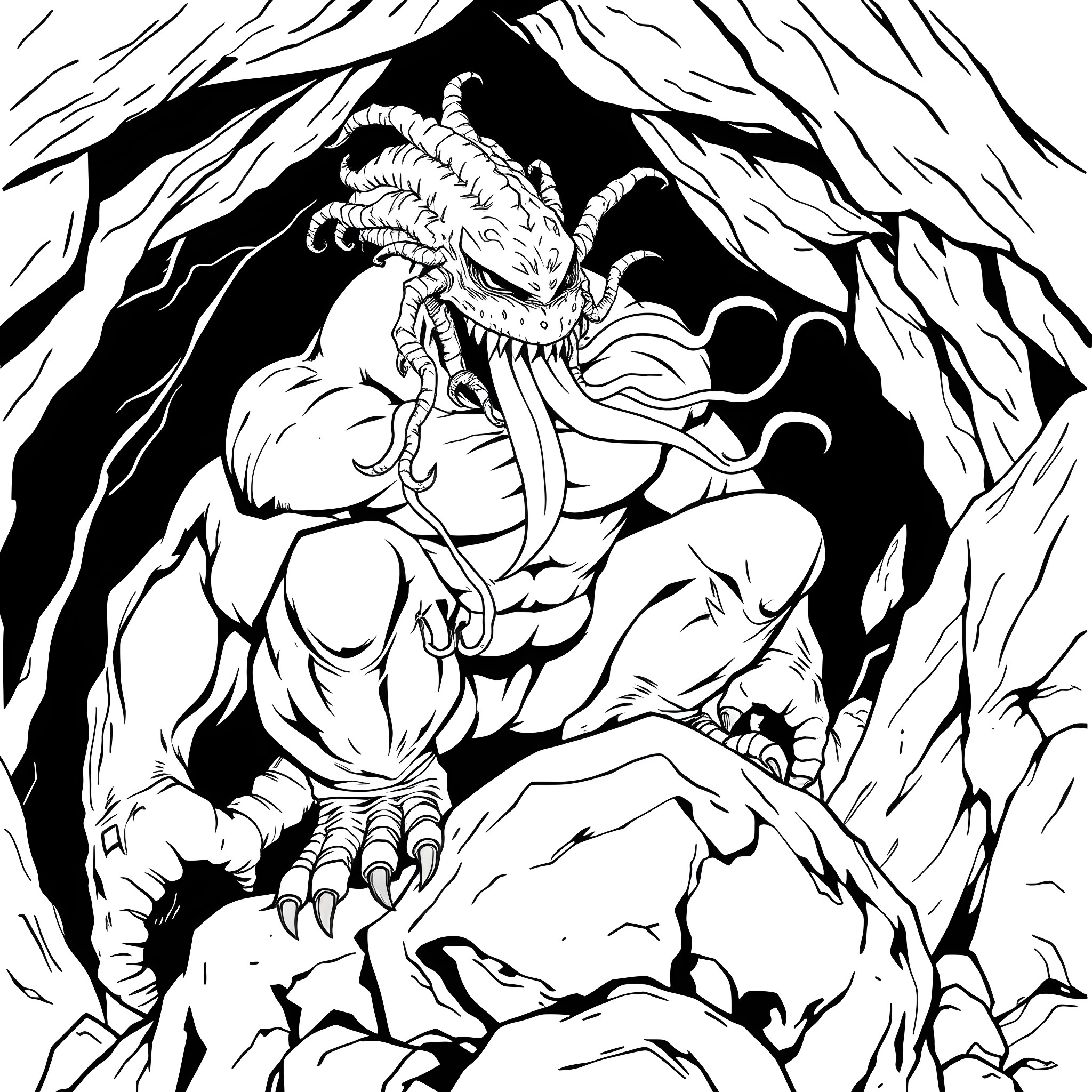 Venom creature emerging from a dark cave Coloring Page (free black-and-white line drawing printable PDF for all, from beginners to advanced learners, including children, teens, adults, and seniors)