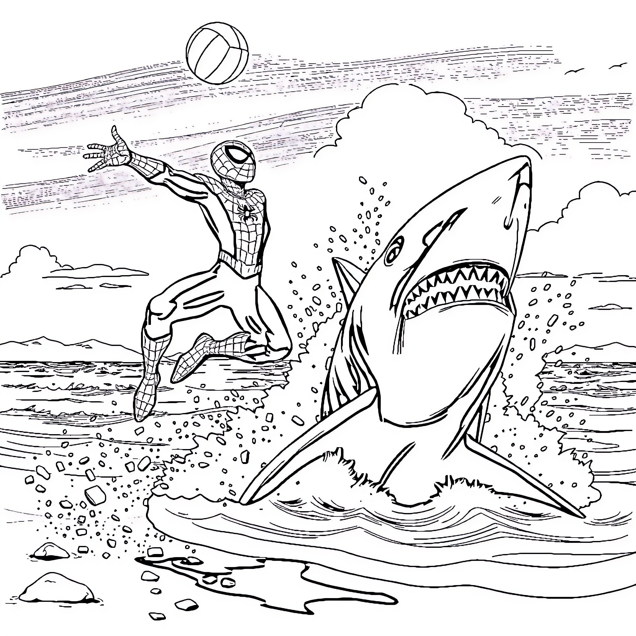 Spider-Man heroically battles a giant shark Coloring Page (free black-and-white line drawing printable PDF for all, from beginners to advanced learners, including children, teens, adults, and seniors)