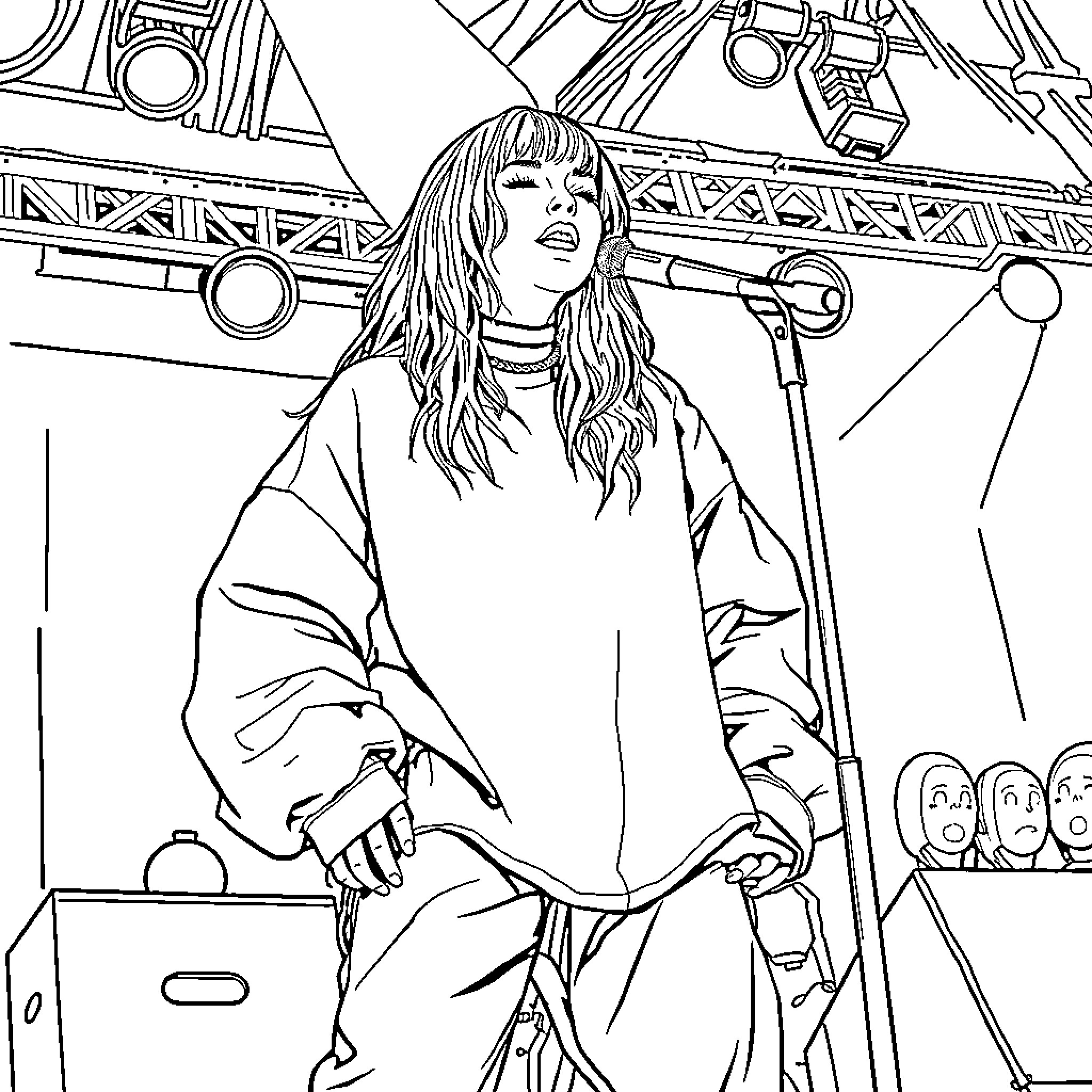 Billie Eilish performing on stage Coloring Page (free black-and-white line drawing printable PDF for all, from beginners to advanced learners, including children, teens, adults, and seniors)
