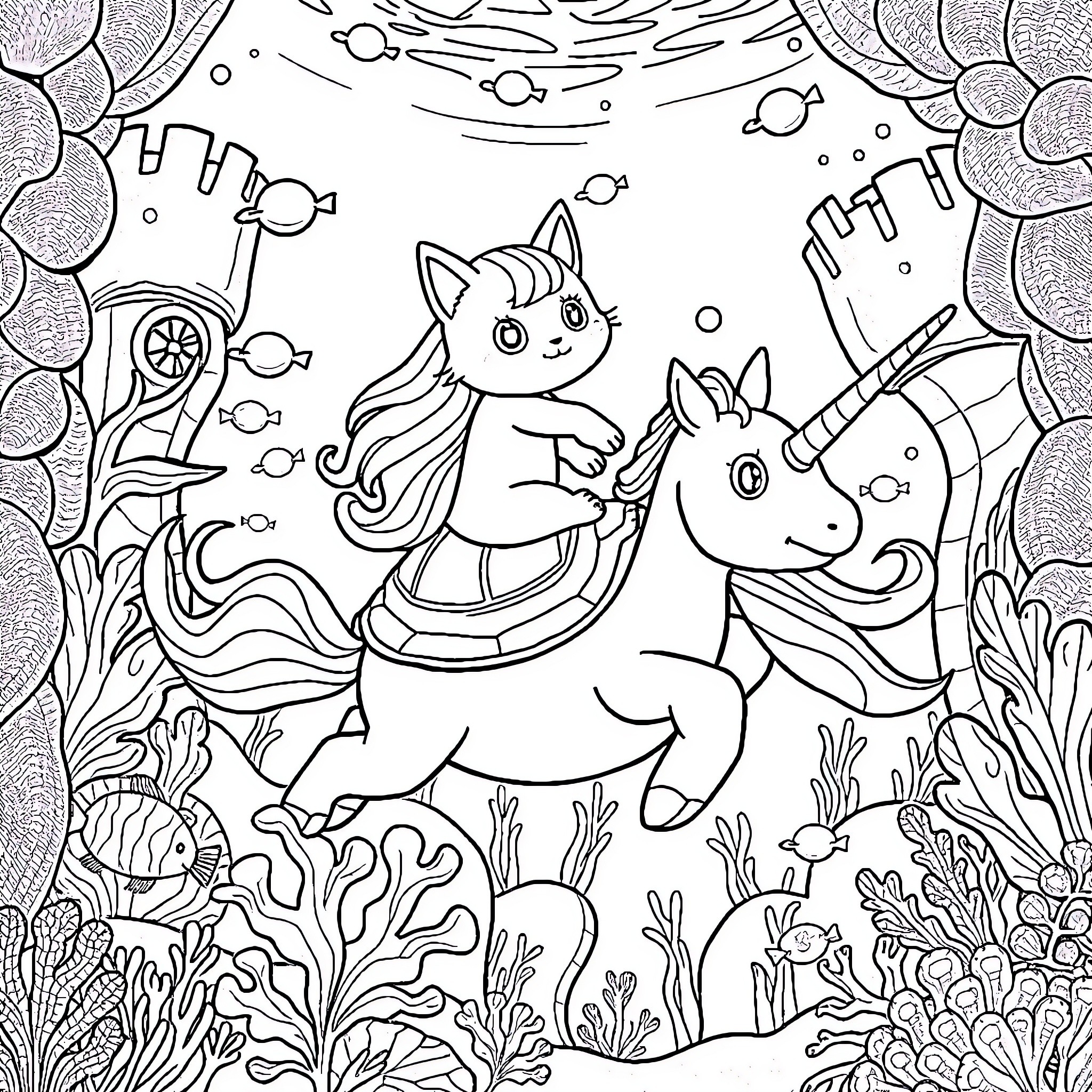 Turtle riding a magical unicorn in the underwater world Coloring Page (free black-and-white line drawing printable PDF for all, from beginners to advanced learners, including children, teens, adults, and seniors)