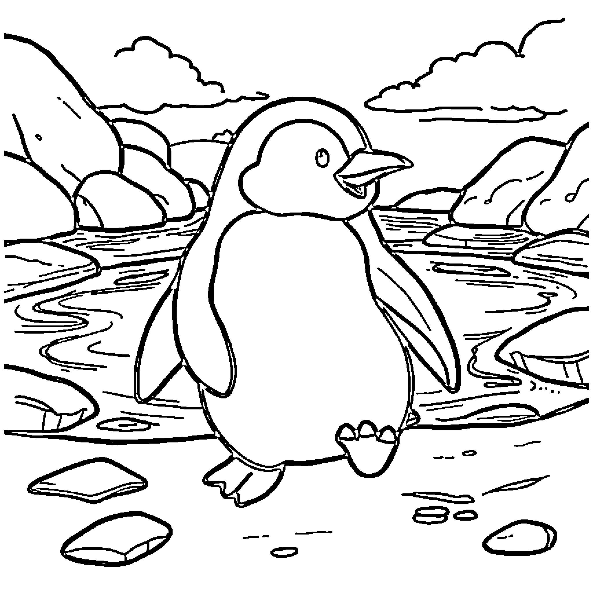 Penguin walking on snowy landscape Coloring Page (free black-and-white line drawing printable PDF for all, from beginners to advanced learners, including children, teens, adults, and seniors)