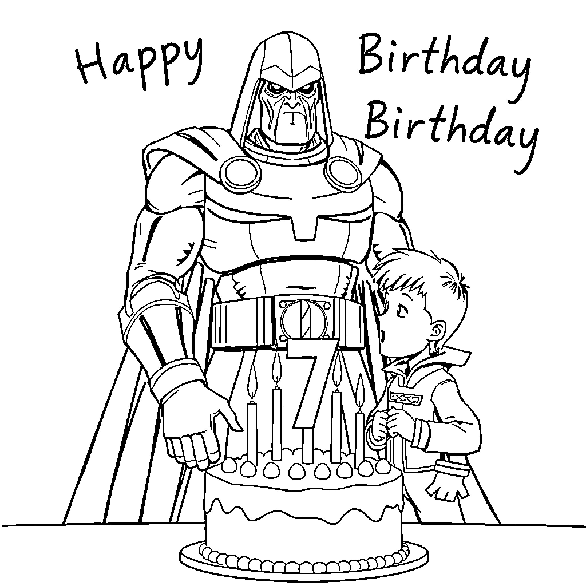 Dr. Doom celebrating birthday with young child Coloring Page (free black-and-white line drawing printable PDF for all, from beginners to advanced learners, including children, teens, adults, and seniors)