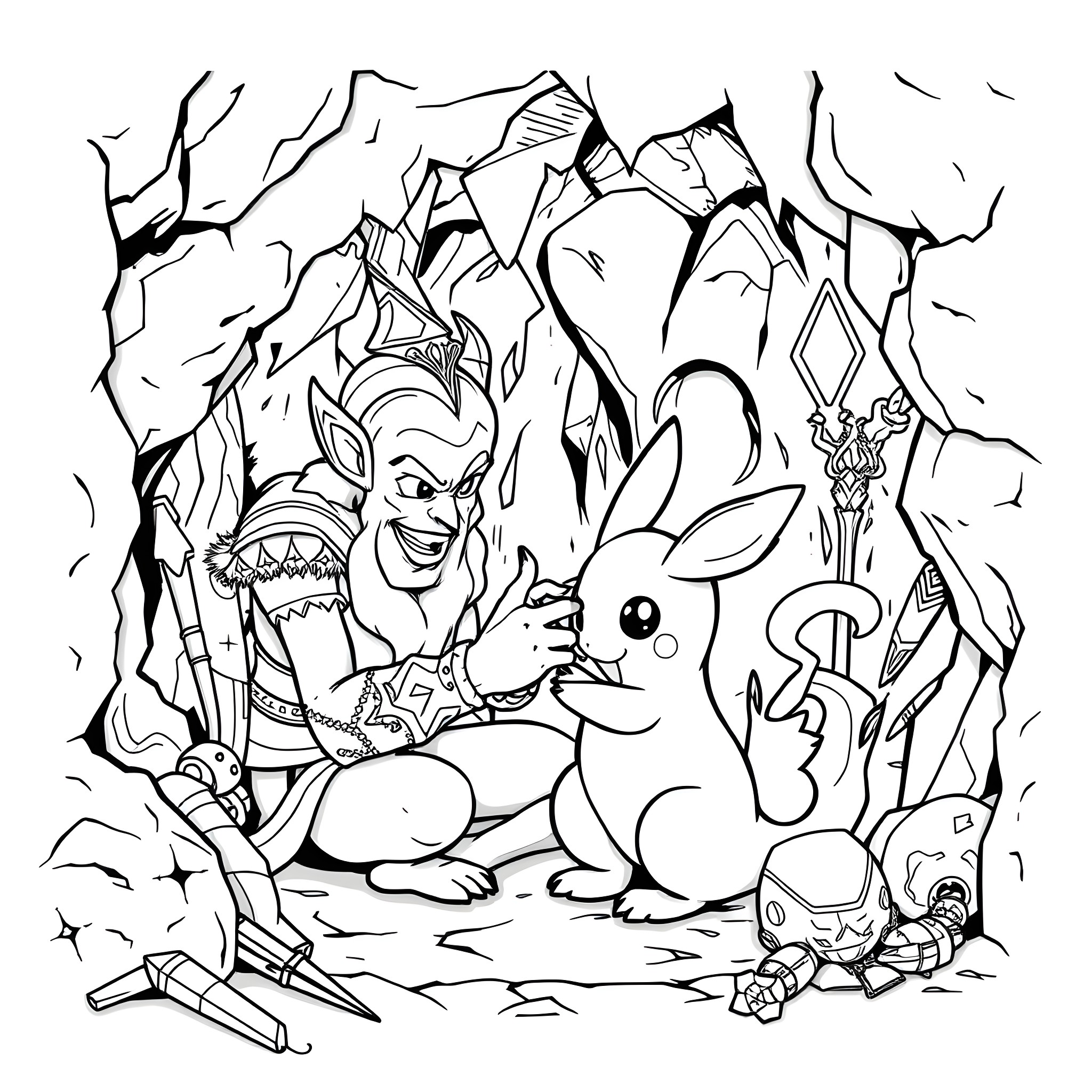 Tattoo of a fantasy creature interacting with playful creatures Coloring Page (free black-and-white line drawing printable PDF for all, from beginners to advanced learners, including children, teens, adults, and seniors)