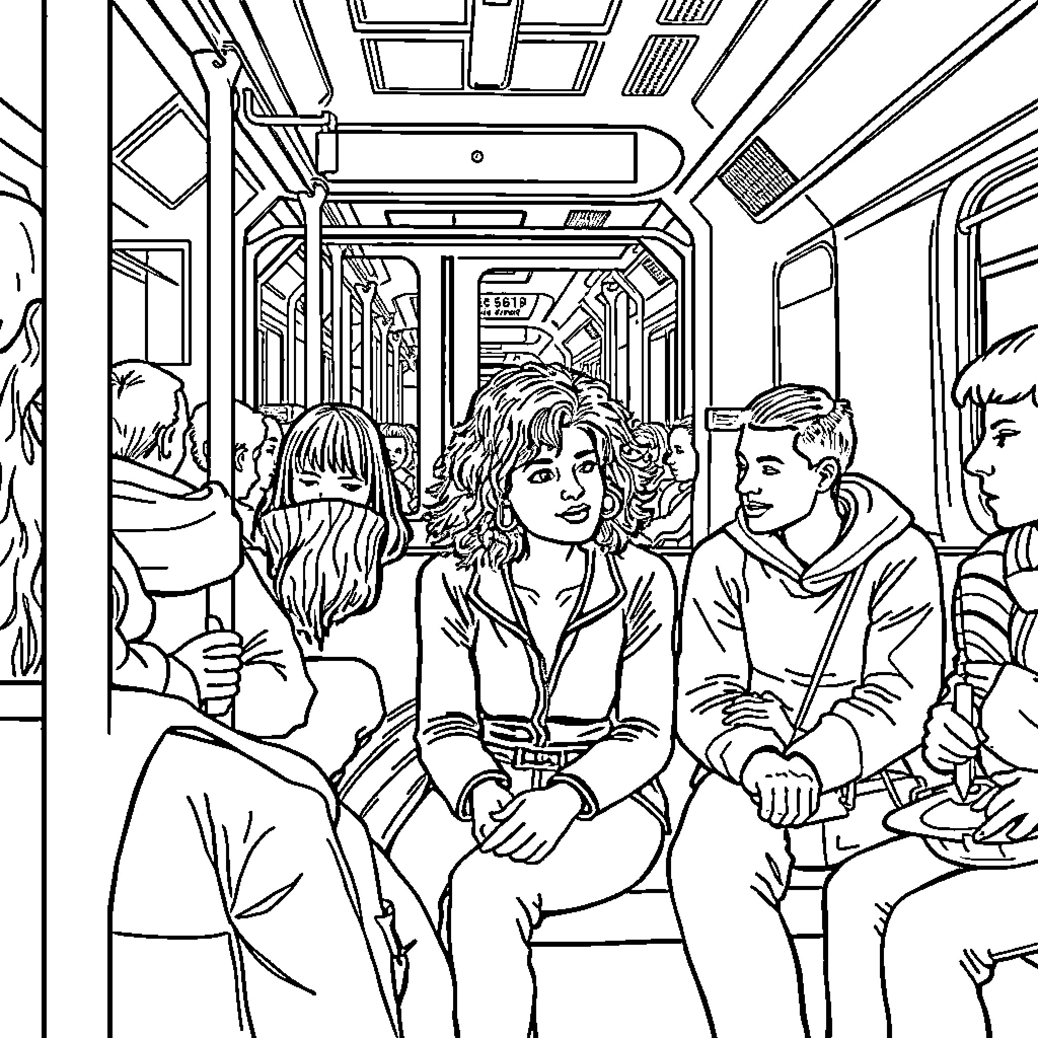 Chappell Roan riding public transportation with passengers Coloring Page (free black-and-white line drawing printable PDF for all, from beginners to advanced learners, including children, teens, adults, and seniors)