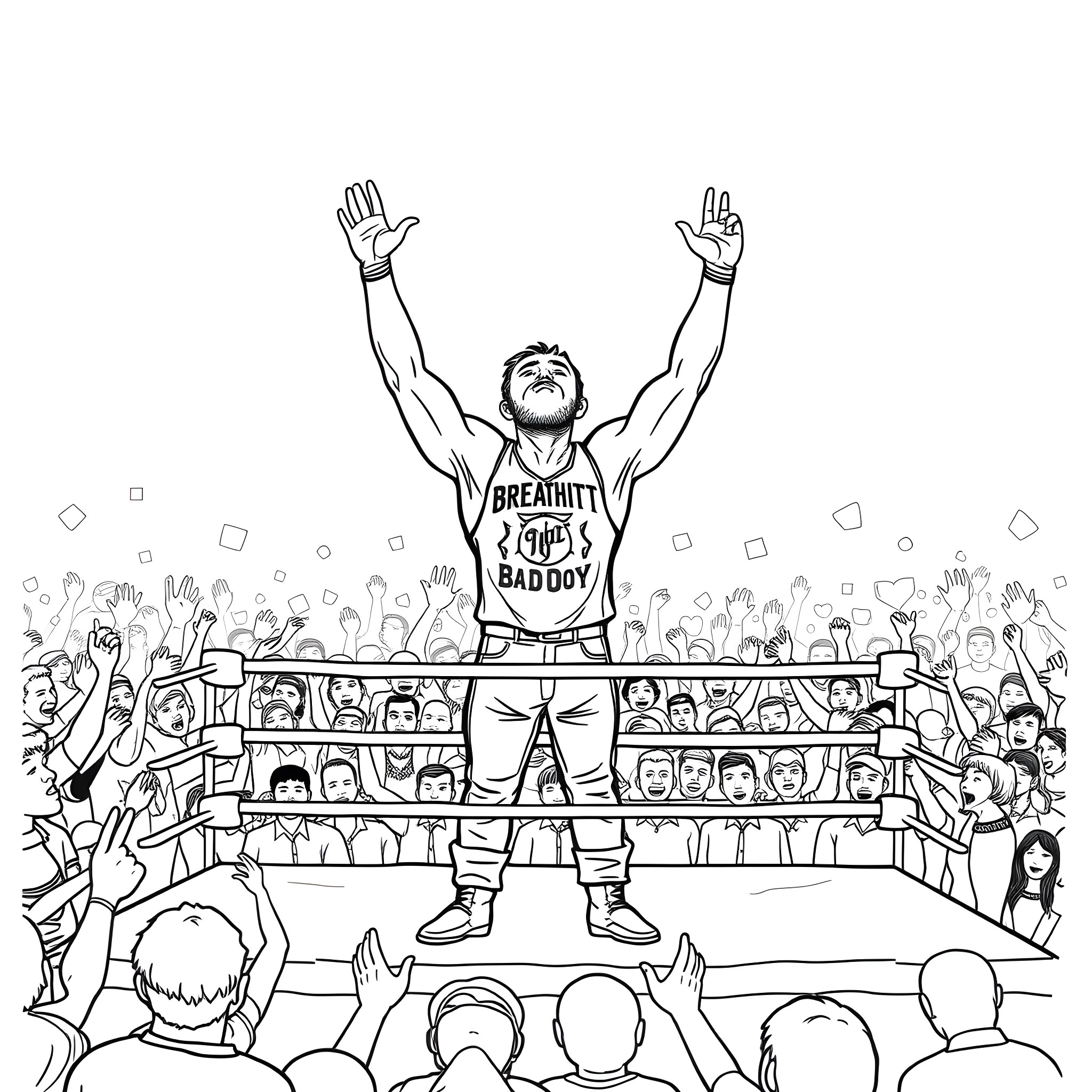 Wrestler Celebrates Victory Before Cheering Crowd Coloring Page (free black-and-white line drawing printable PDF for all, from beginners to advanced learners, including children, teens, adults, and seniors)
