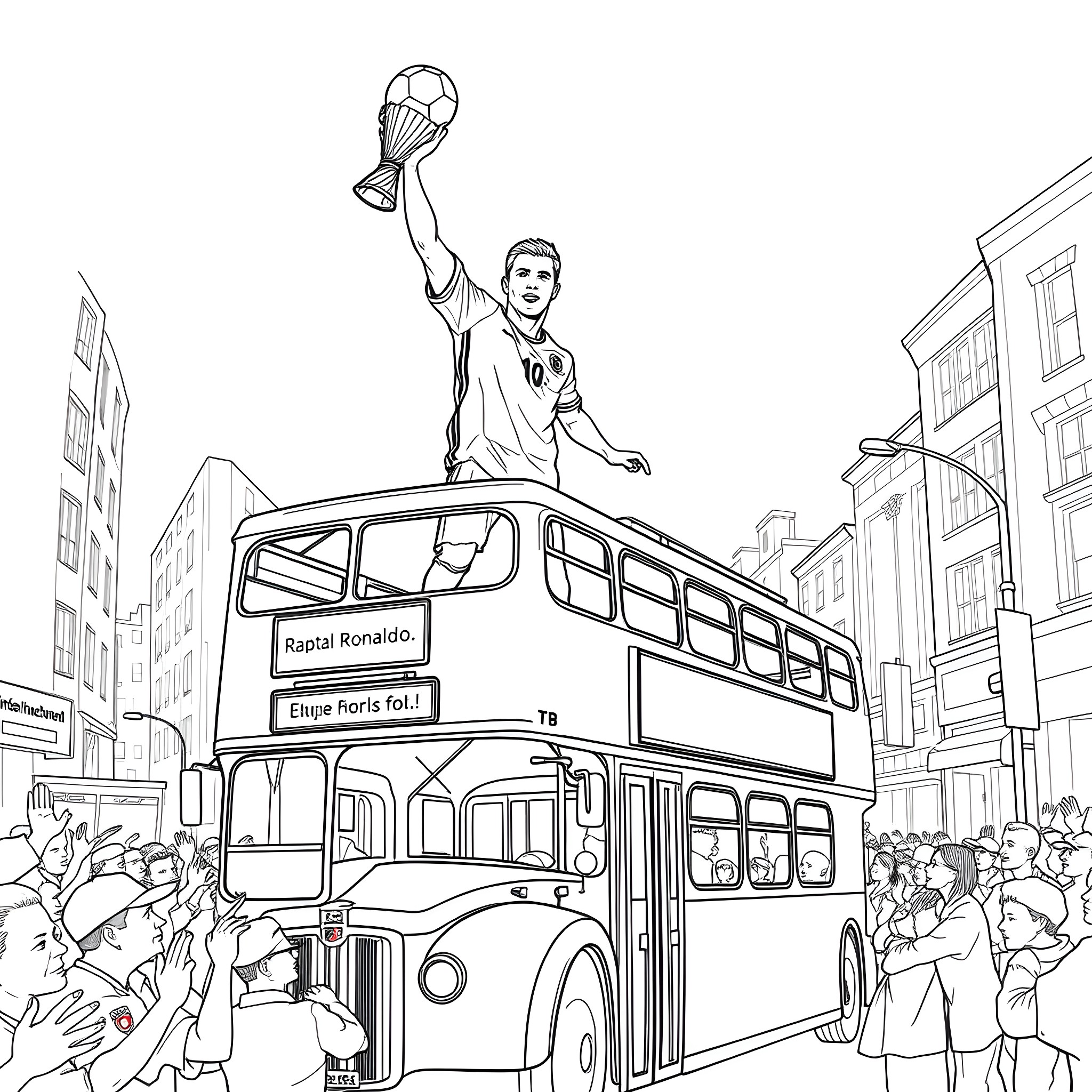 Cristiano Ronaldo celebrates victory in the street parade Coloring Page (free black-and-white line drawing printable PDF for all, from beginners to advanced learners, including children, teens, adults, and seniors)