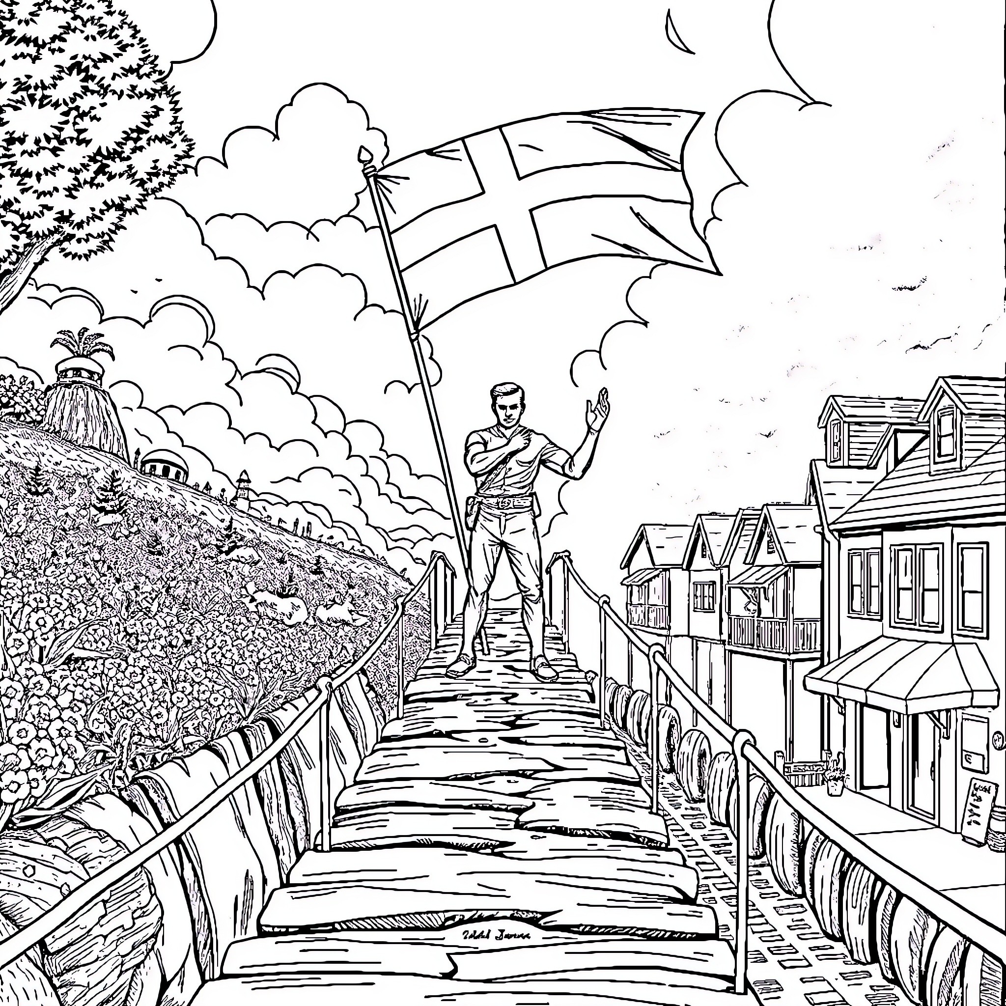 Man standing on wooden dock waving British flag Coloring Page (free black-and-white line drawing printable PDF for all, from beginners to advanced learners, including children, teens, adults, and seniors)