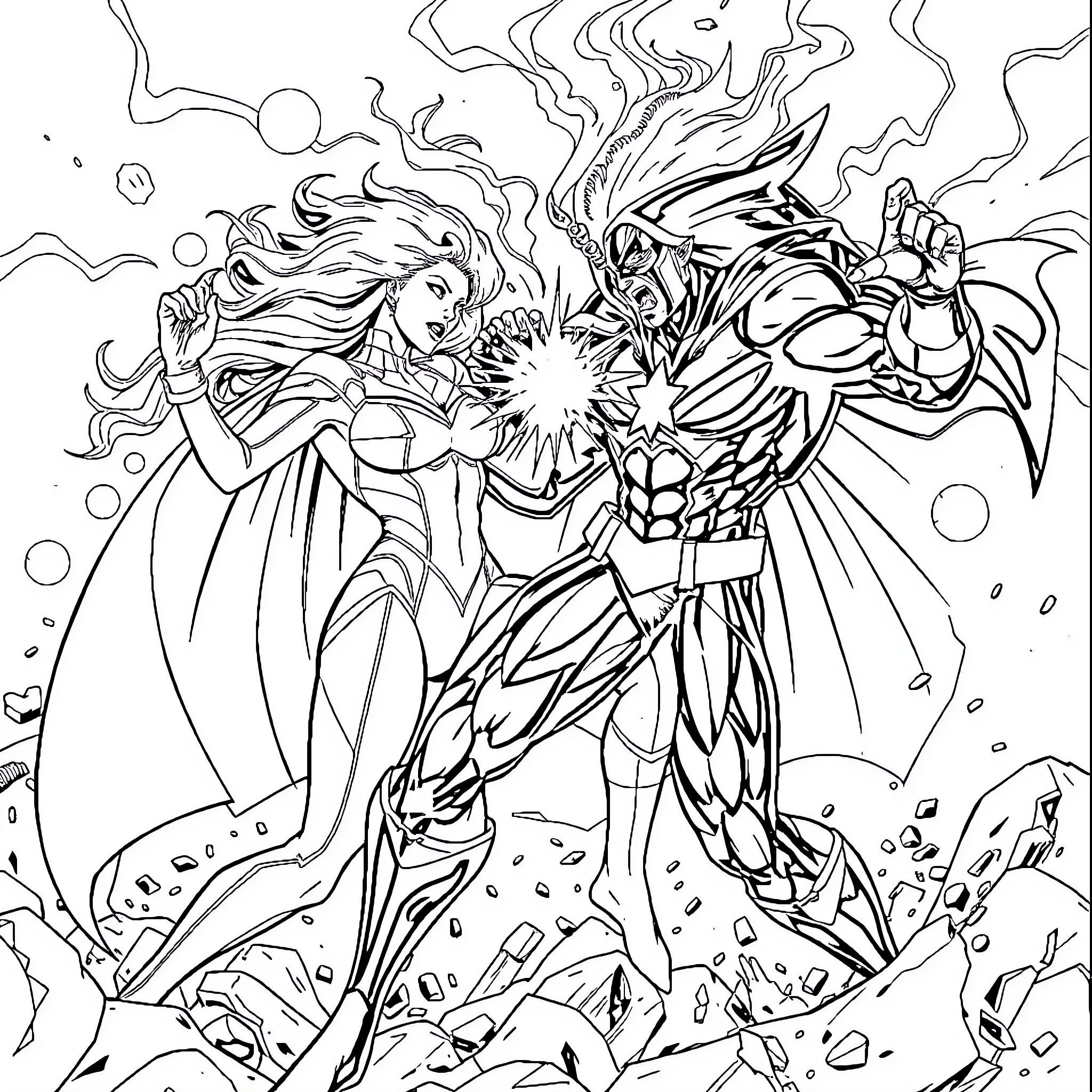 Emma Frost: Powerful Clash with Warrior Adversary Coloring Page (free black-and-white line drawing printable PDF for all, from beginners to advanced learners, including children, teens, adults, and seniors)