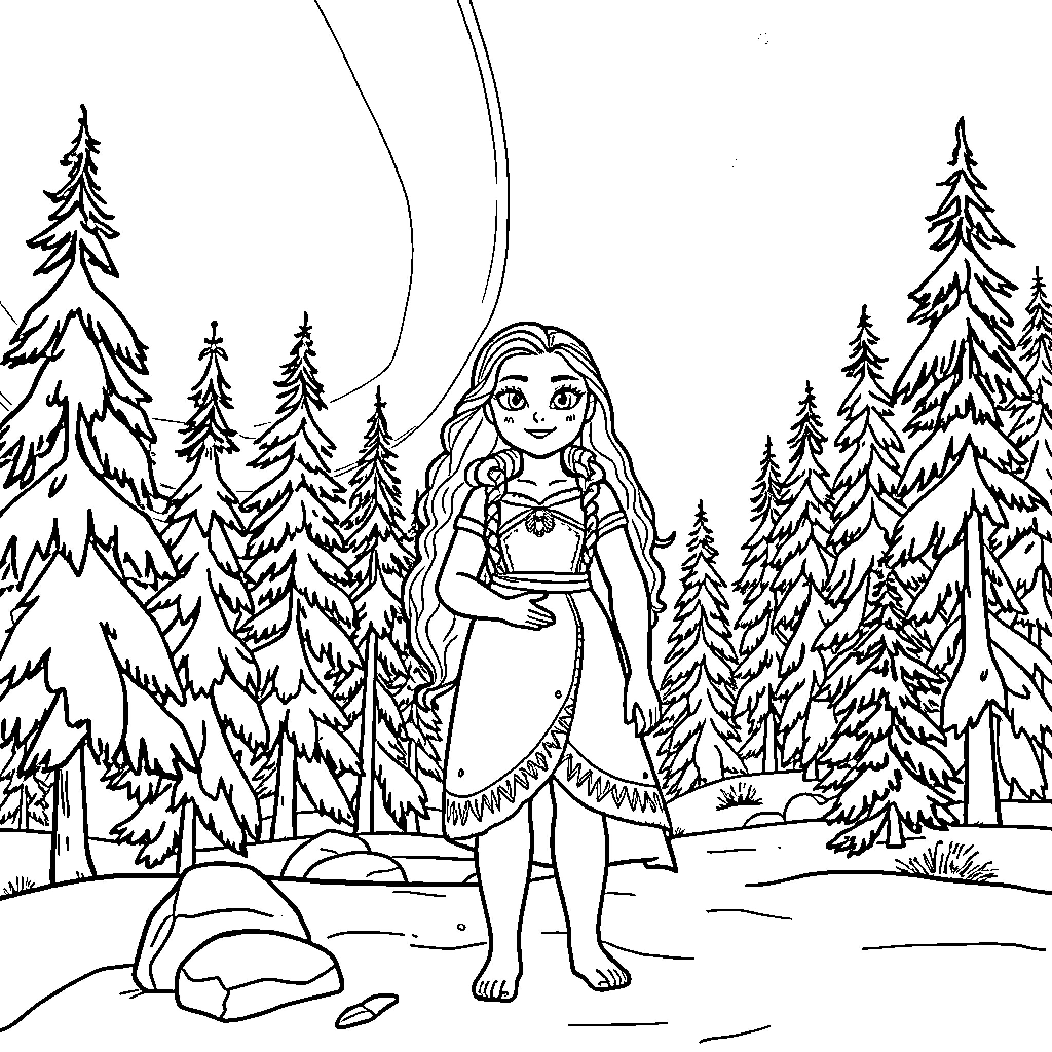 Moana enjoying the peaceful forest scenery Coloring Page (free black-and-white line drawing printable PDF for all, from beginners to advanced learners, including children, teens, adults, and seniors)