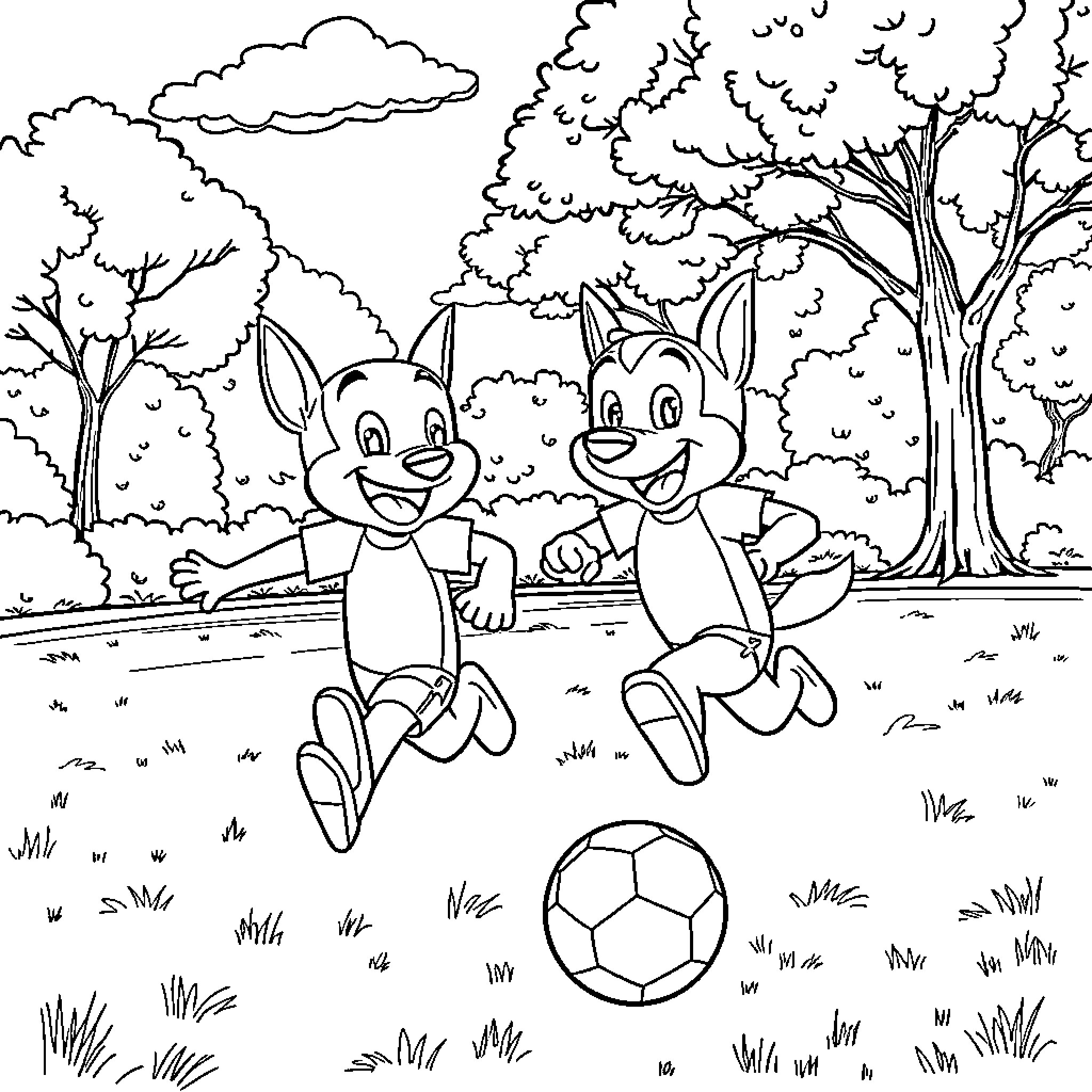 Bluey and Bingo playing with soccer ball in the park Coloring Page (free black-and-white line drawing printable PDF for all, from beginners to advanced learners, including children, teens, adults, and seniors)