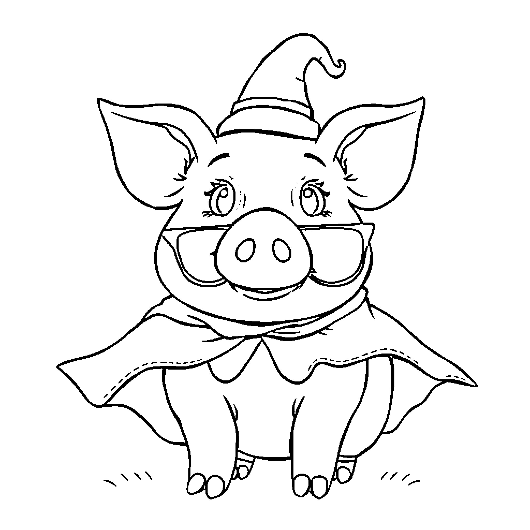 Pig wearing a festive hat and scarf Coloring Page (free black-and-white line drawing printable PDF for all, from beginners to advanced learners, including children, teens, adults, and seniors)