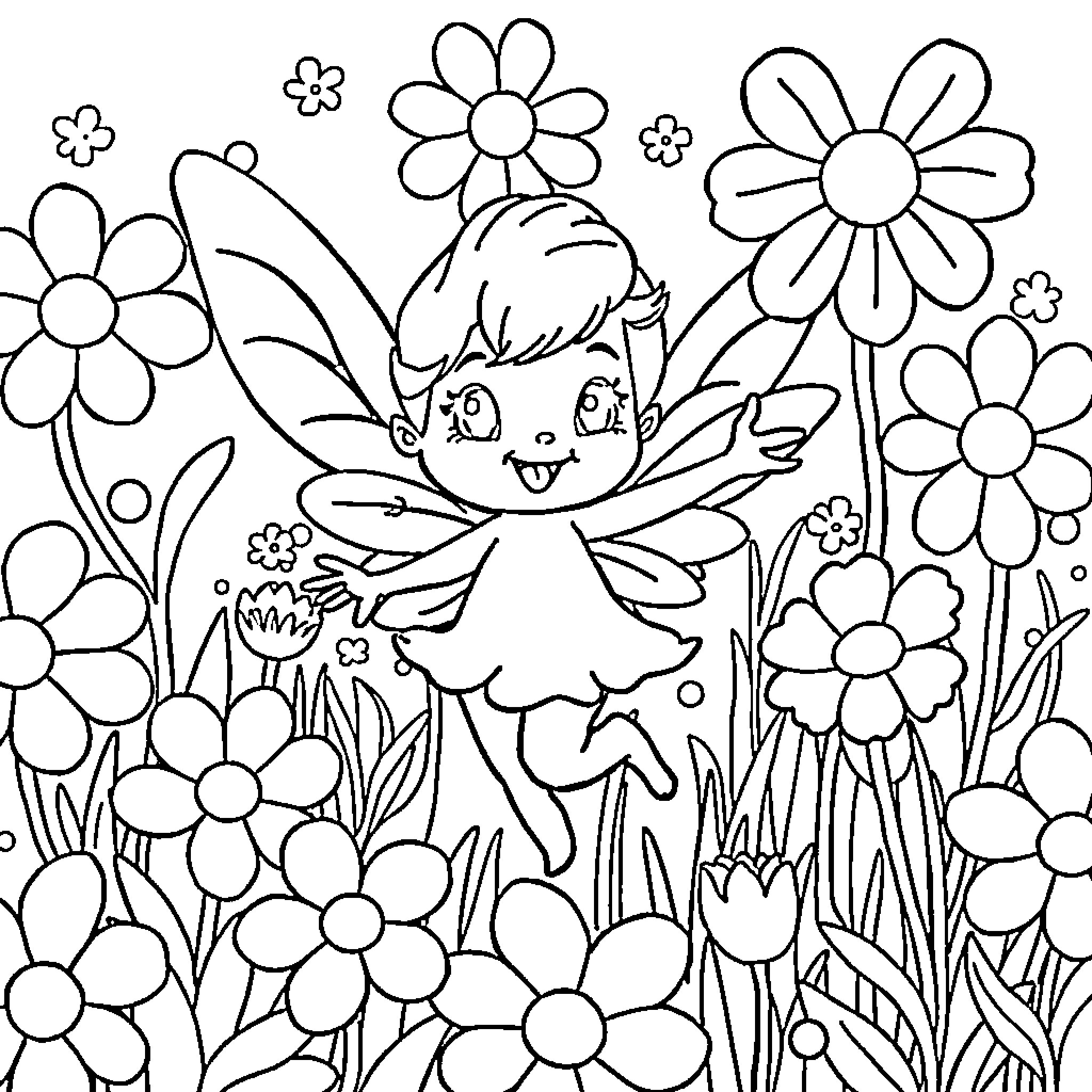 Sprunki playing happily in the flower garden Coloring Page (free black-and-white line drawing printable PDF for all, from beginners to advanced learners, including children, teens, adults, and seniors)